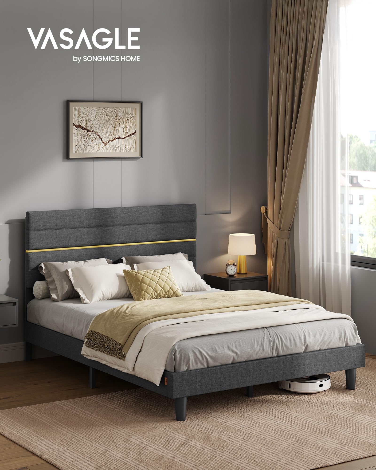 VASAGLE Marco de Cama Matrimonial, Marco para Colchón de 135 x 190 cm, Cabecero Acolchado Ajustable, Metal y Madera, Estilo Moderno, Gris Pizarra RMB506GN01