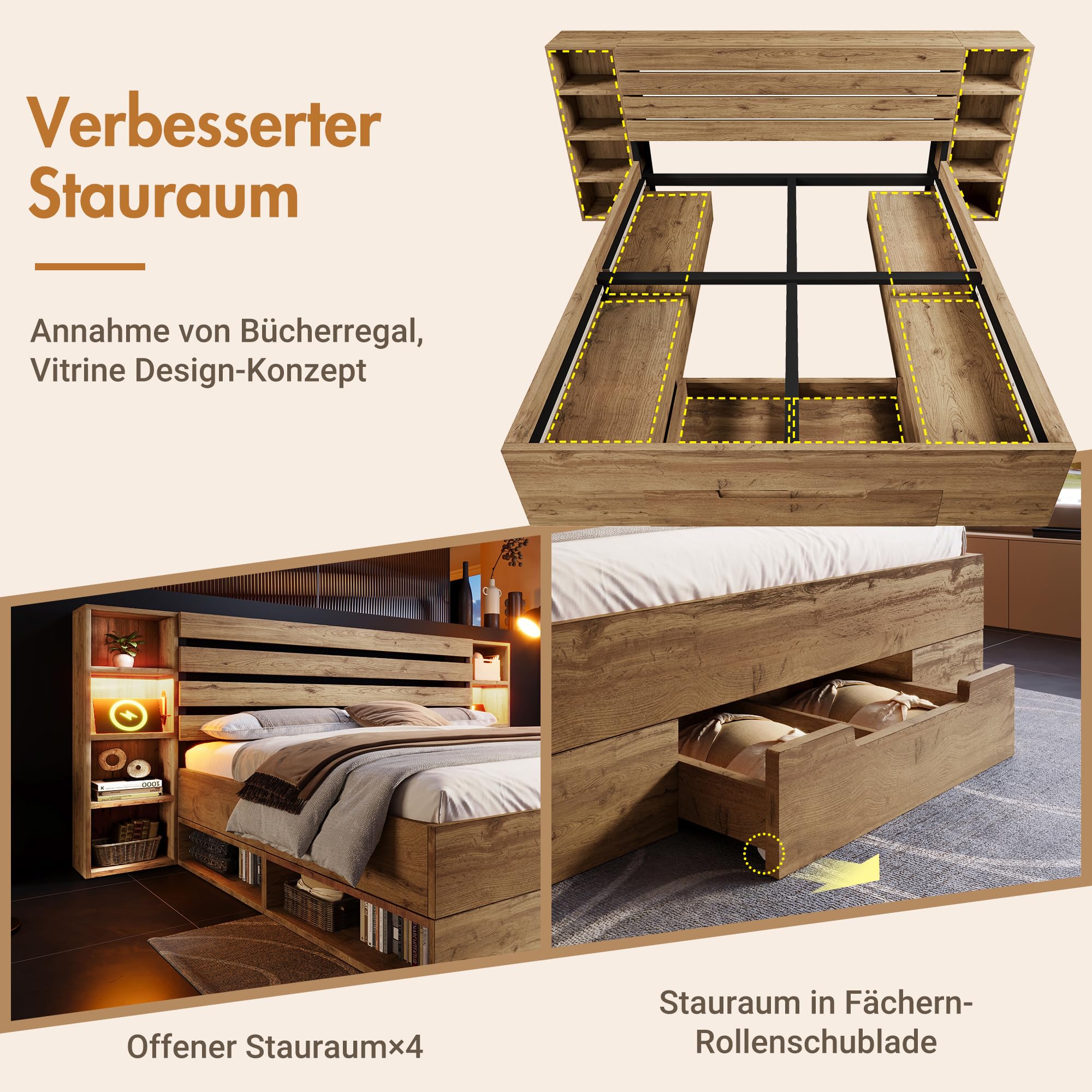 Massivholzbett 180x200 cm, Doppelbett mit Stauraum, LED-Beleuchtung & USB-C, Bett mit Kopfteil und Schubladen, Bettgestell mit Lattenrost aus Holz, Eiche, ohne Matratze