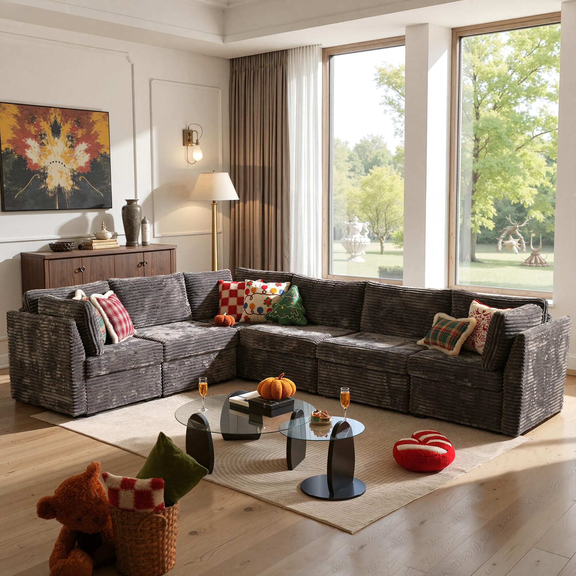 ovios Modular Sectional Sofa Couch with V-Shape Chaise Convertible, Comfy Plush Corduroy Cloud Couches, Modern Luxury Deep Seat Sofas Set for Living Room, 6-Seater, Grey