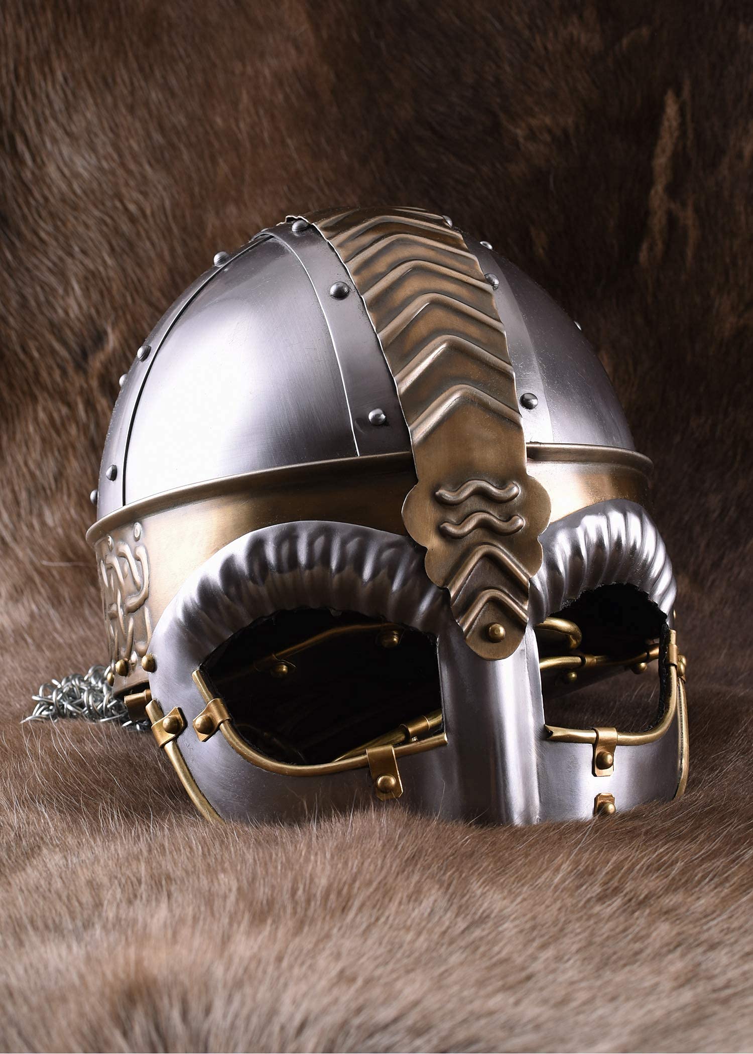 Battle-Merchant Brillenhelm Beowulf mit Wangenklappen und Kettenbrünne mit verstellbarem Lederinlay - Wikingerhelm aus Stahl für Erwachsene
