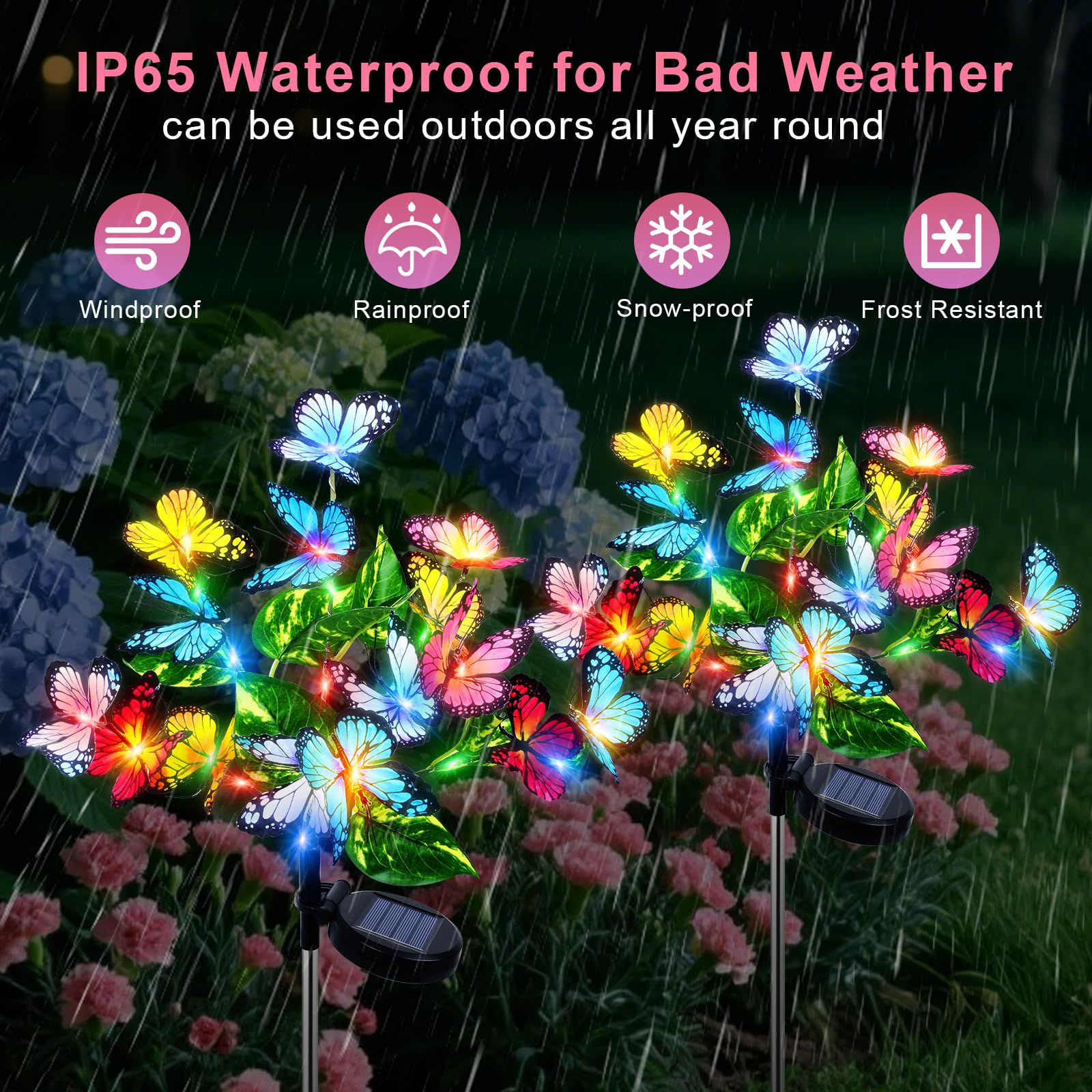 Ninonly Solar Hibiscus Flower Lights – 2-Pack Outdoor Garden Lights, 7 Champagne Flowers, 8 Lighting Modes, IP65 Waterproof For Yard, Pathway, Lawn