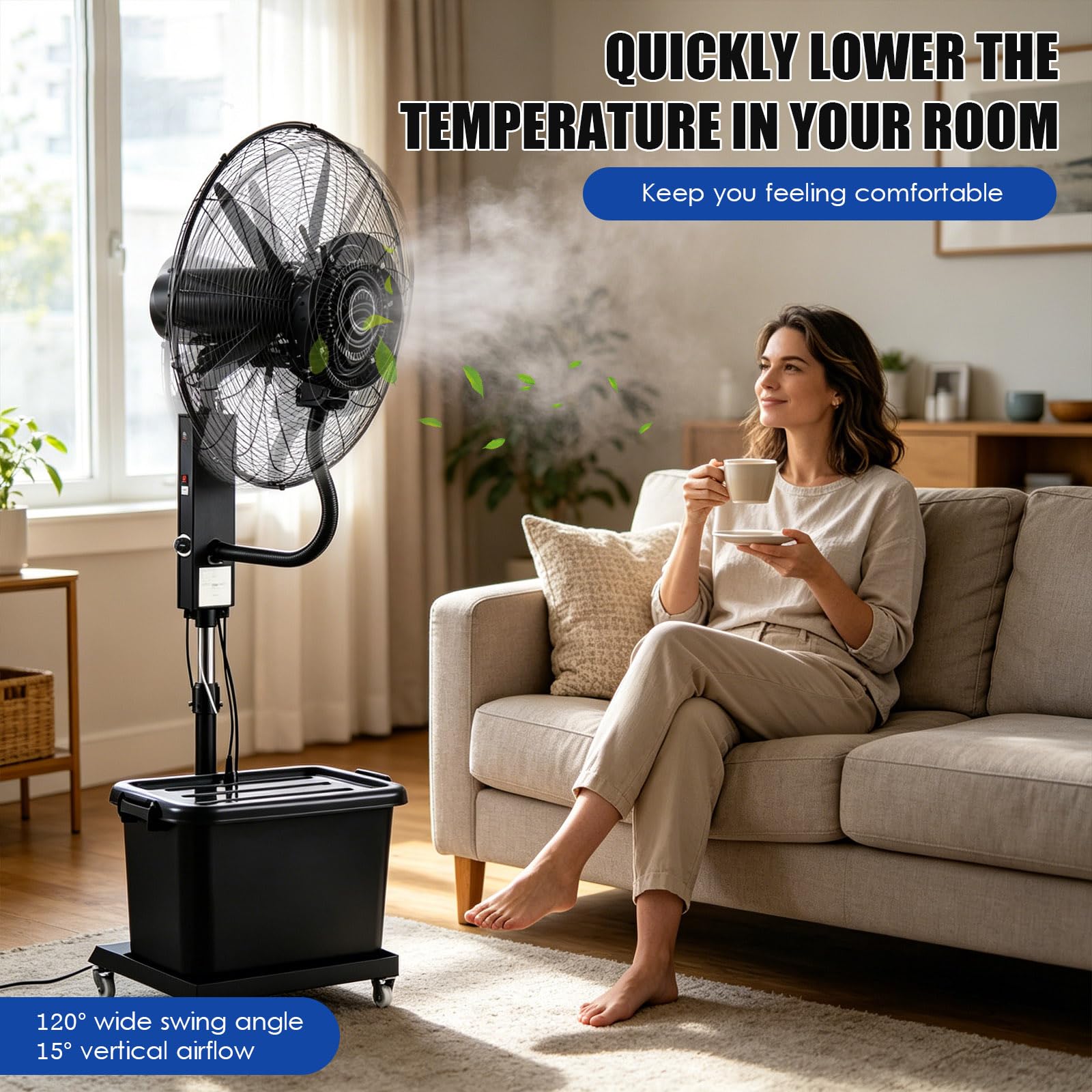 Ventilatore ad Acqua Industriale su Ruote, Grande Ventilatore a Nebulizzazione 40L, Ventilatore a Tamburo in Metallo a 3 Velocità, Altezza Regolabile