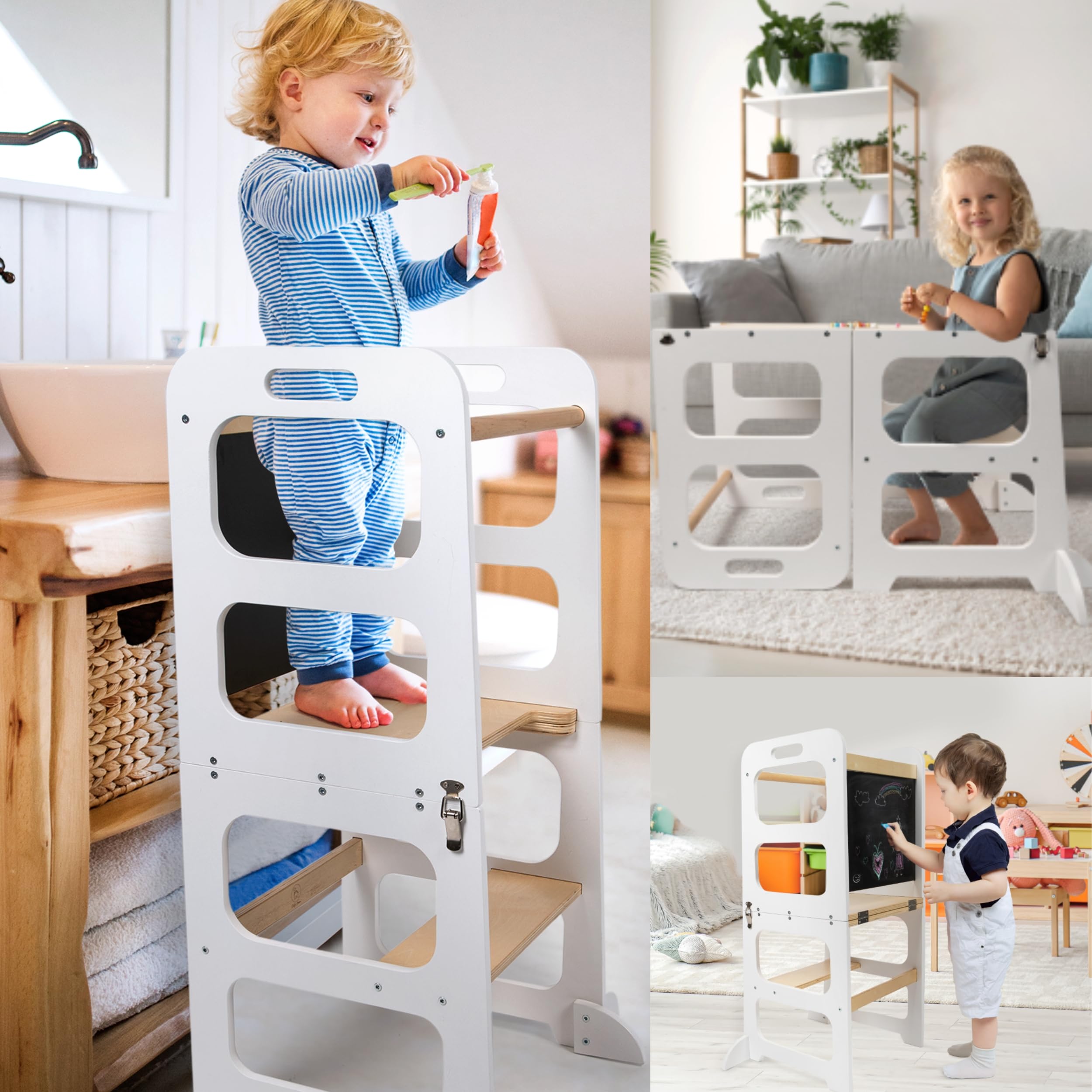 Photo 1 of Kitchen Step Stool for Toddlers Foldable Toddler Tower, Chef's Haven 4-in-1 Toddler Kitchen Helper, Collapsible Table and Chair Set for Kitchen, Ages 1-6 Learning Tower with Chalkboard & Safety Rail. Short White