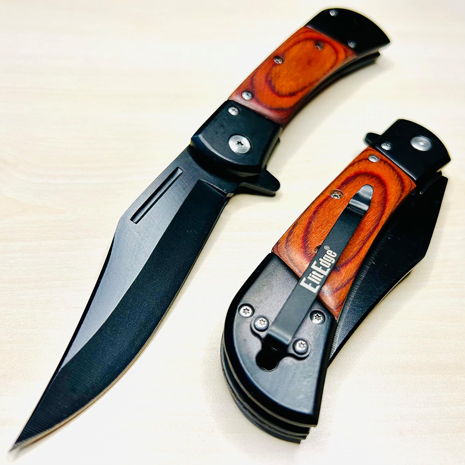 BladeDealUSA 8.75" Brown Wood Handle Black Even Blade Spring Assisted Open Folding Pocket Knife Hunting Camping Accessories