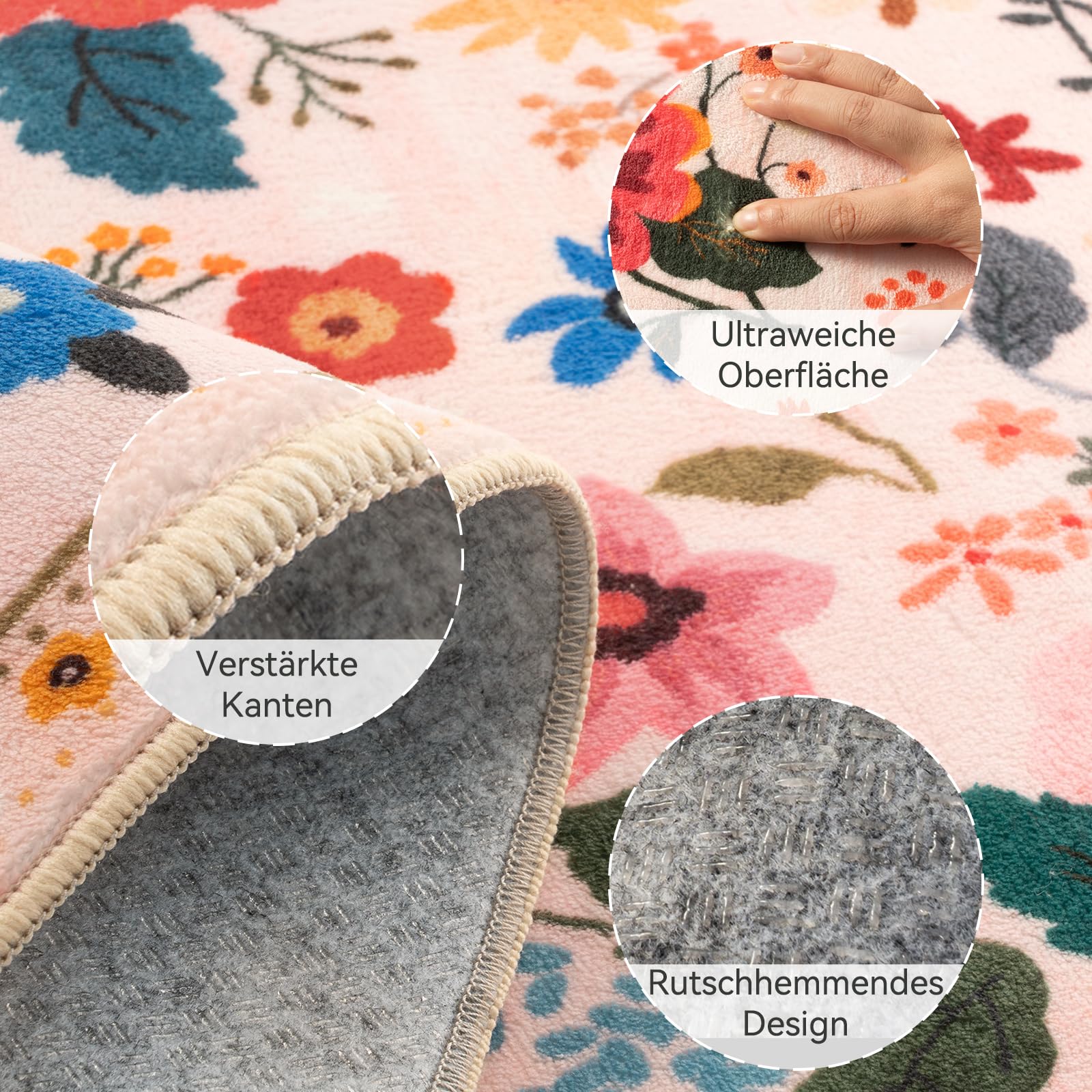 Teppich Wohnzimmer 120x180cm Rosa/Beige, Blumen Waschbare Teppiche | Boho Vintage Blumenmuster Wohnzimmerteppich, Waschbarer & Rutschfester Kurzflor Weich für Wohnzimmer, Schlafzimmer, Esszimmer