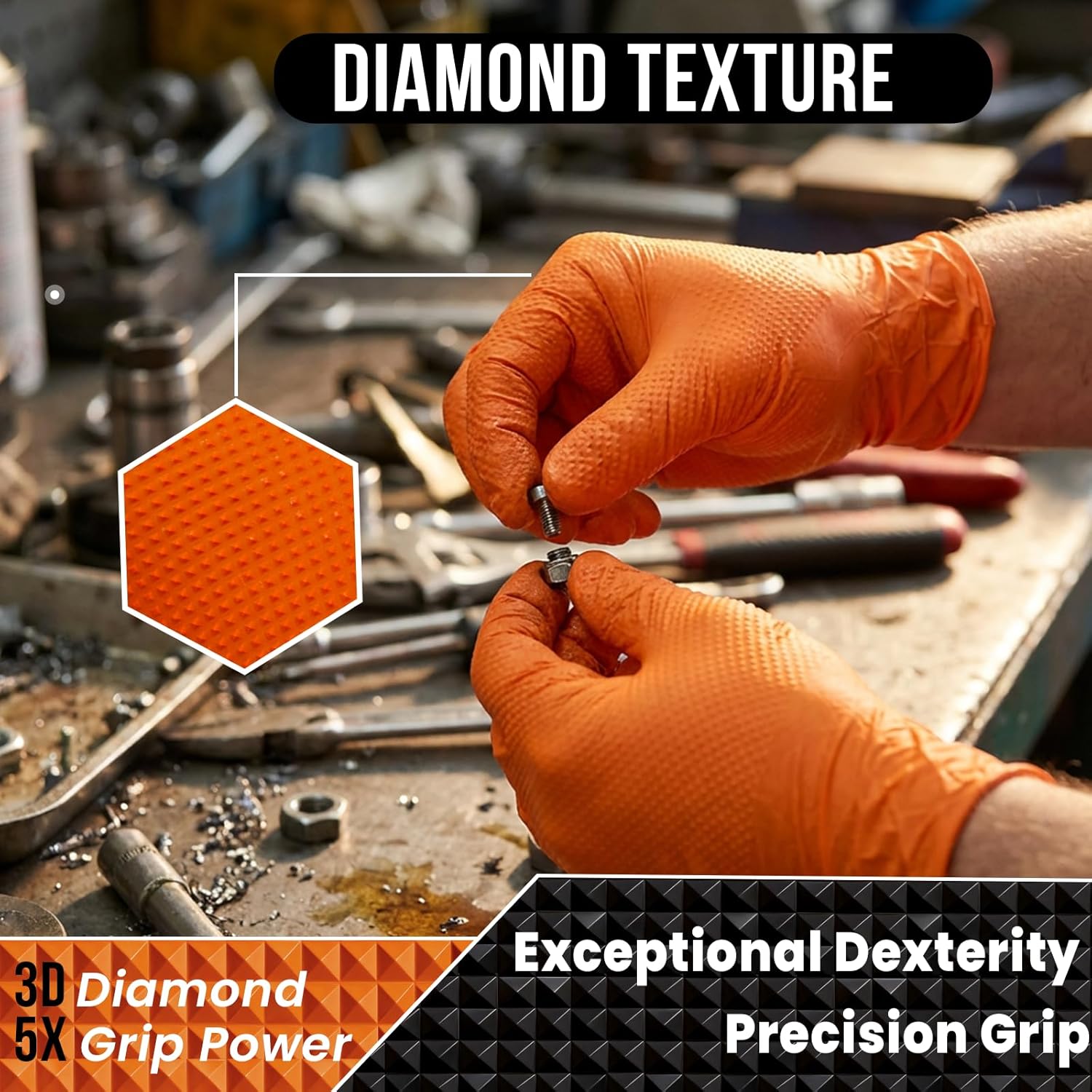 10 Mil Diamond Textured Nitrile Gloves, Heavy Duty Disposable, Extra Thick, Latex & Powder Free, Chemical and Puncture Resistant, Ideal for Auto Repair, Cleaning, Painting, X-Large - Image 4