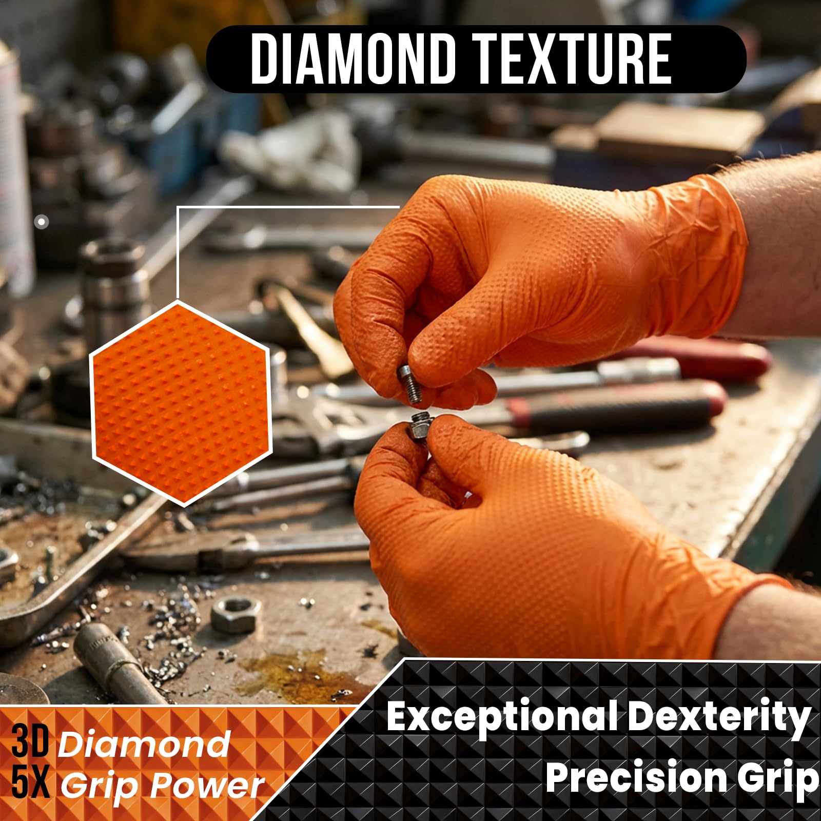 ANBOSON Guantes desechables de nitrilo de 10 mil, guantes mecánicos resistentes, textura de diamante elevada, color naranja grueso, paquete de 100 unidades, talla M