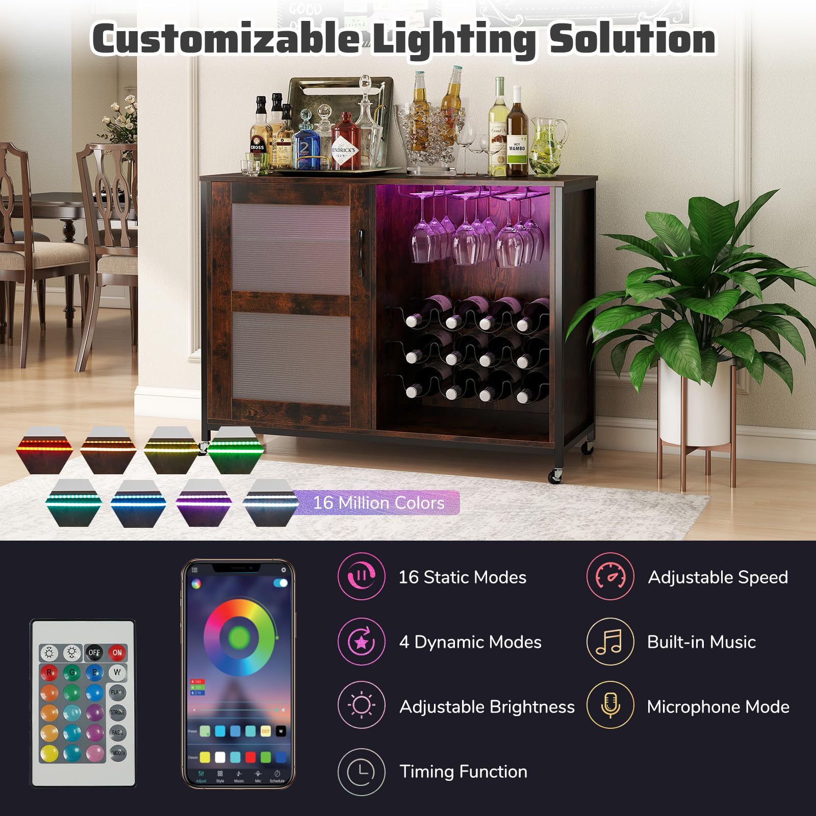 FANTASK Barschrank, Weinschrank mit LED-Beleuchtung, Rollen, verstellbaren Regalen, Glashalter Flaschenhalter, Sideboard Küchenschrank industriell für Esszimmer Wohnzimmer