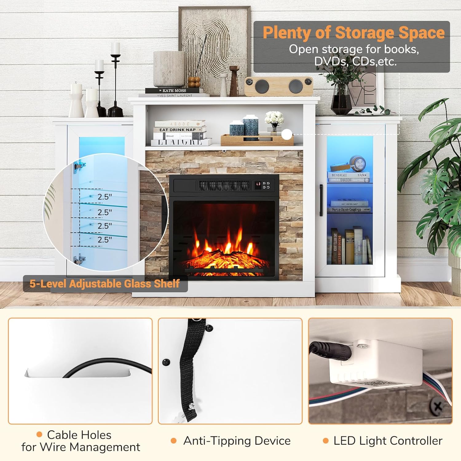 ARLIME 59 Inch Electric Fireplace TV Stand, Fireplace Heater with Mantel, 19 Inch Fireplace Insert with Remote/App Control, 16 Color LED Lights & Overheat Protection for Living Room (White)