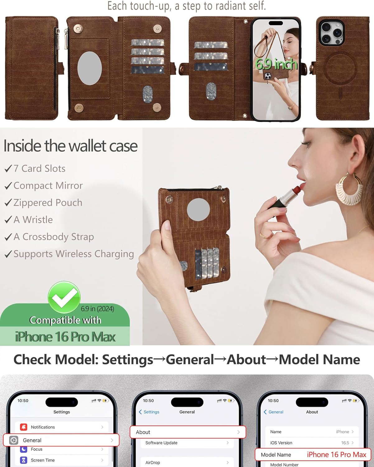 Crossbody Wallet Case for iPhone 16 Pro Max with Mirror, Wrist Strap, Zipper Purse Magnetic Flip RFID Blocking Card Holder, Wireless Charging, PU Leather Shockproof 6.9" Women (Brown) - Image 2