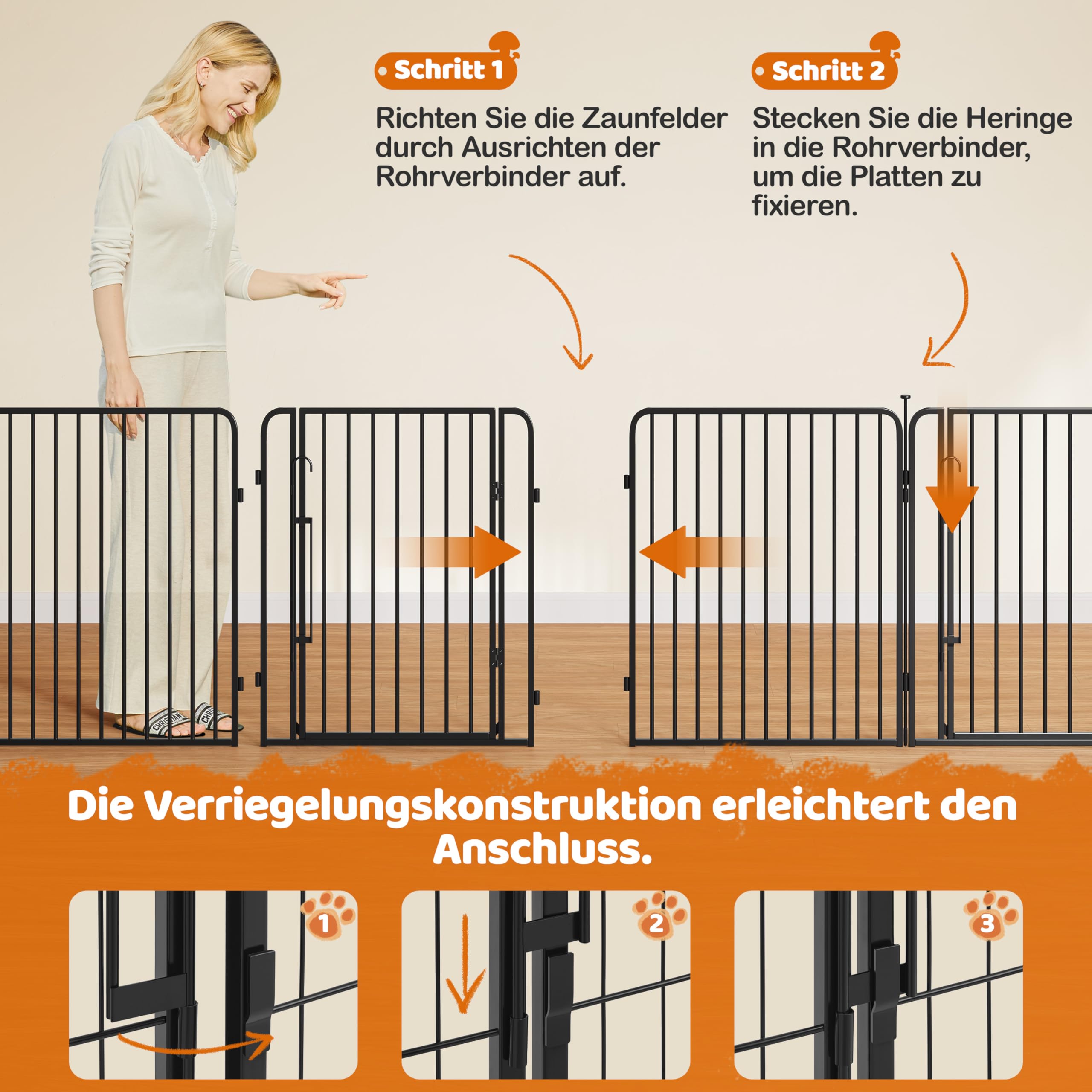Yaheetech Wybieg dla szczeniaków, 8-częściowy, wysokość 80 cm, kojec dla szczeniaków z wbudowanym zamkiem, ciche rury, ochraniacze podłogi, wzmocnione metalowe druty 8 mm, kojec dla psów do mieszkania