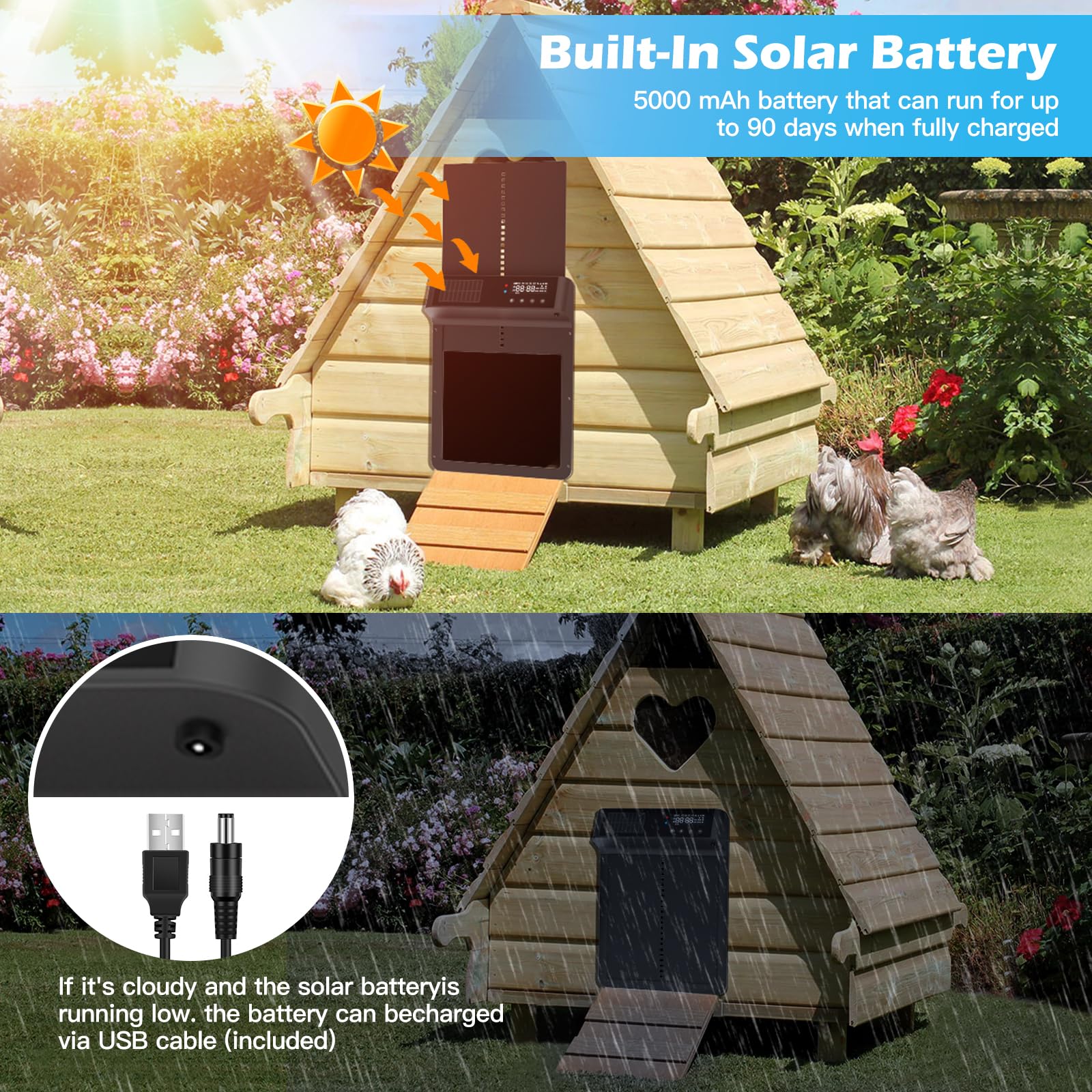 Puerta automática para gallinero: funciona con energía solar, abridor eléctrico, sensor de luz con temporizador, antitrampa, multimodos | Aluminio, resistente a la intemperie|Panel de control propio