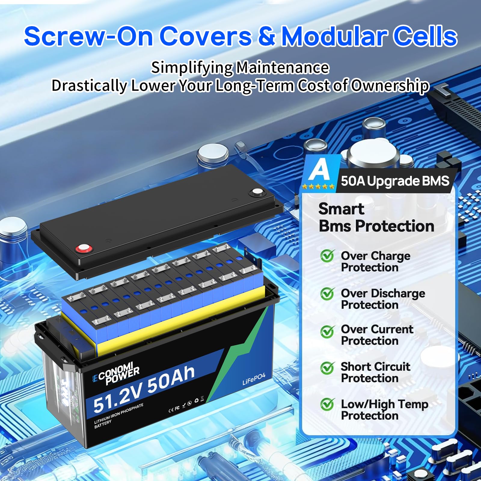 48 V 50 Ah LiFePO4 Batería de Litio con Bluetooth y BMS de 50 A Integrado, Células A, 10 años de vida útil, Perfecta para Solar, Autocaravanas, Motores de Arrastre