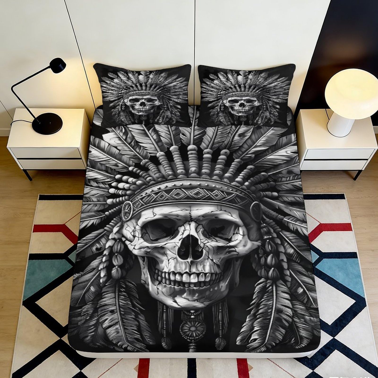 3D Printed Skull Feather Fitted Sheet Microfiber Soft Black White Ethnic Headdress Mattress Cover for Bedroom Dorm Decoration 180x200x25cm