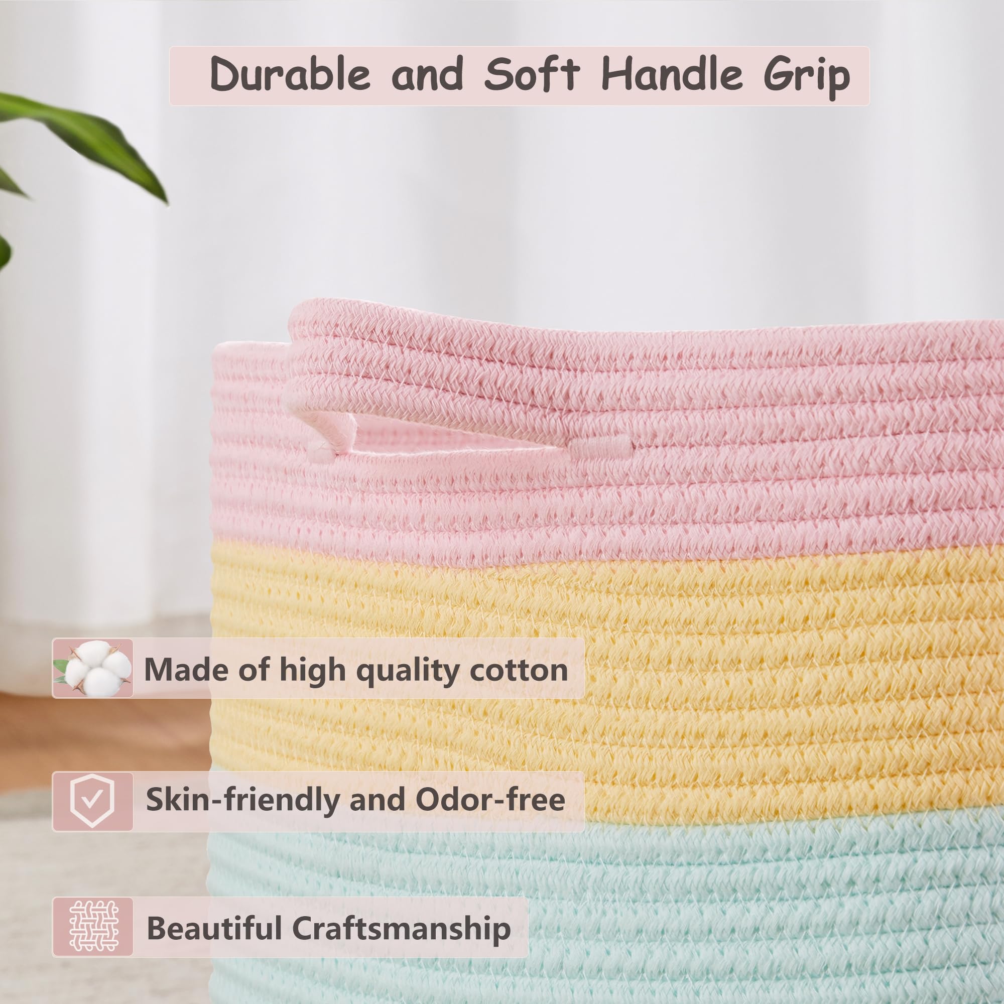 Cesta de almacenamiento de cuerda de algodón arcoíris extragrande de 75 litros para manta, cesta tejida rectangular para juguetes, ropa, ropa en sala de estar, dormitorio, para bebé, 3