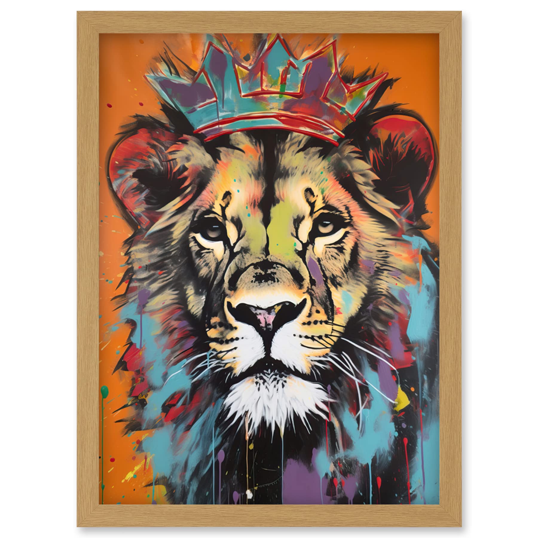 A4 Framed Wall Art Print - Lion Wearing Crown Jungle King Animal Portrait - Artery8