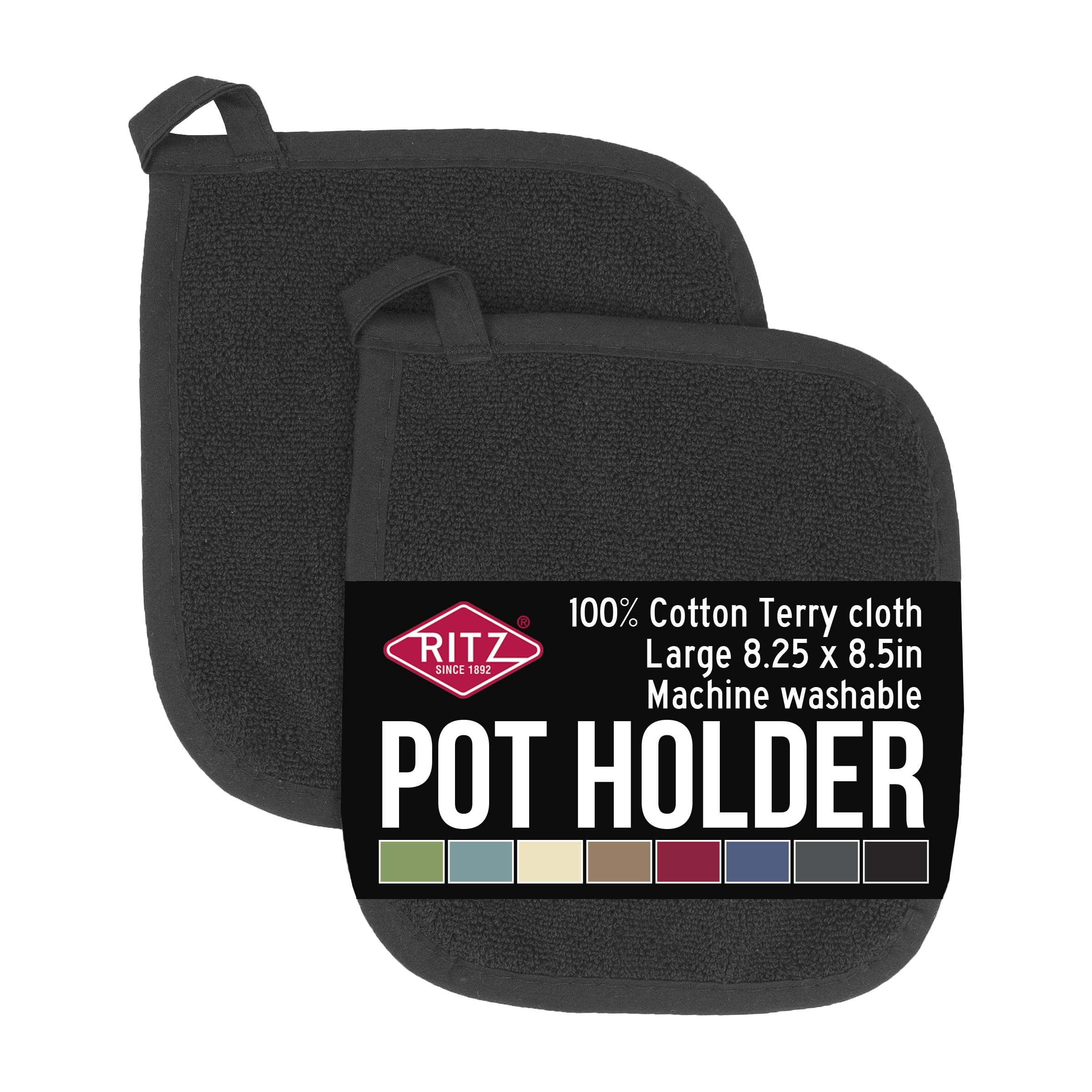 RITZ Terry Potholder & Hot Pad: Unparalleled Heat Resistant, Durable 100% Cotton – Ergonomically Designed for Optimal Grip – Easy-Care Machine Washable – 2-Pack, Black