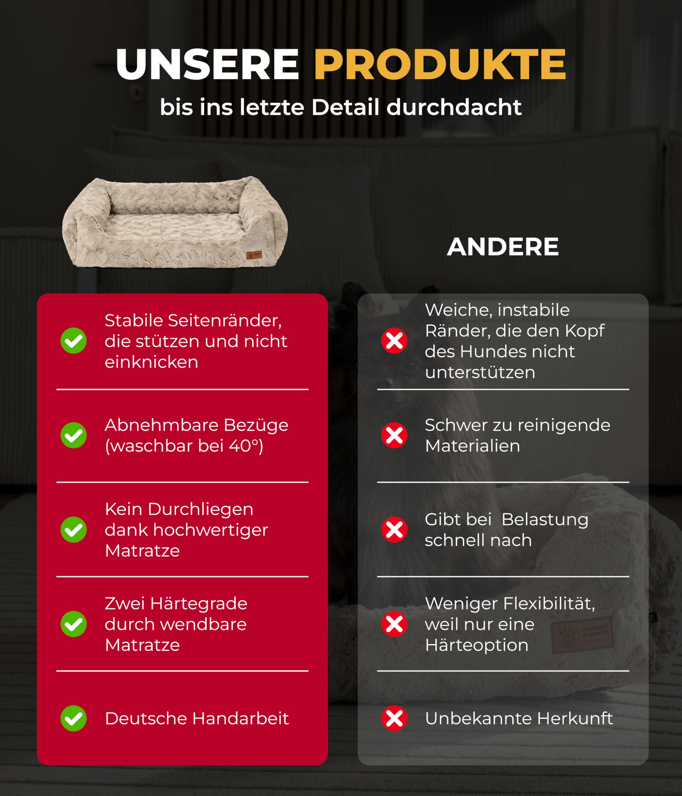 Kuschelbett Deluxe Exklusiv XS (50x70 cm) – Orthopädisches Hundebett mit Memory Foam & Anti-Rutsch – Waschbar – Sand – Made in DE