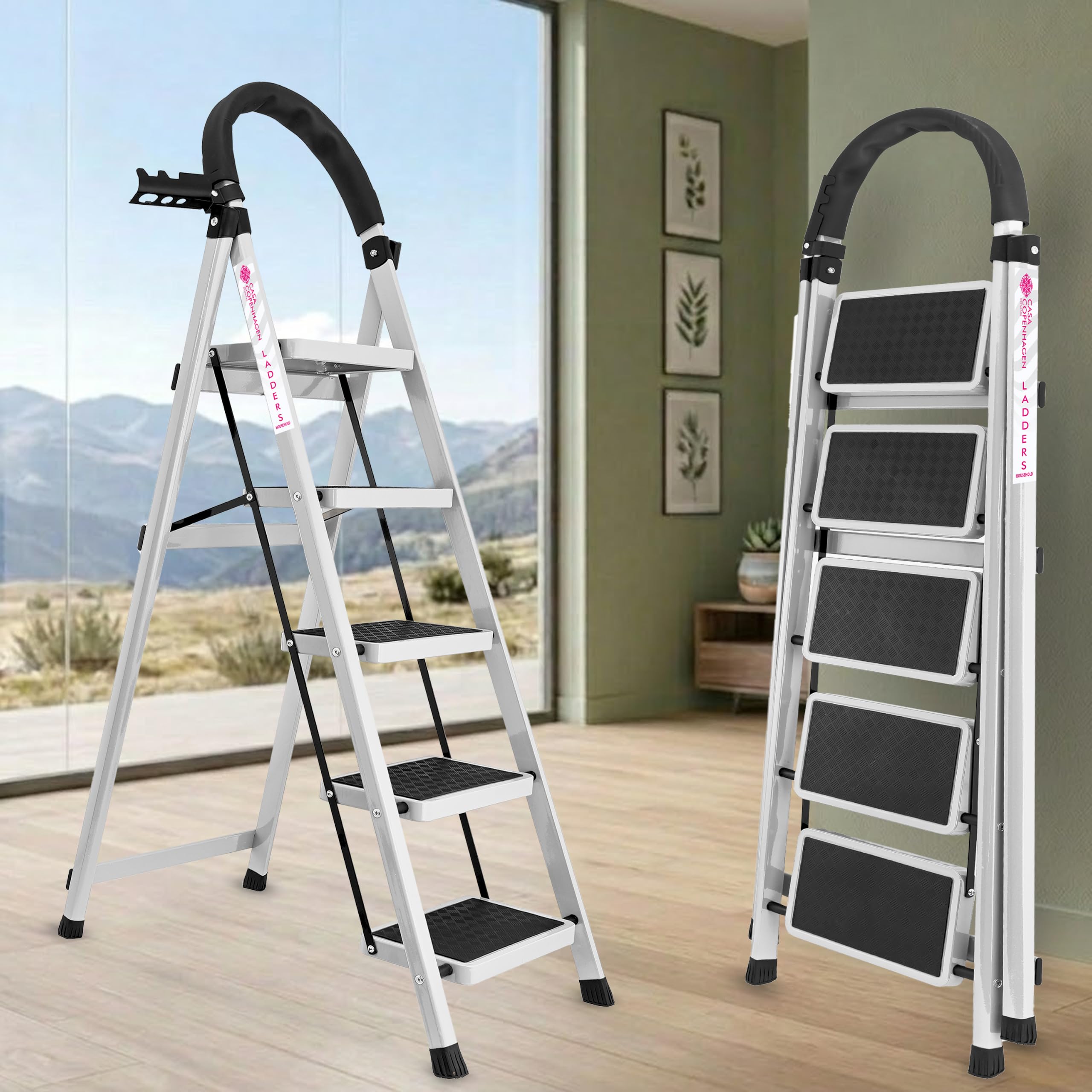 Casa Copenhagen White 5 Step Ladder for Home Use with Built-in Tool Tray | Heavy Duty D Shape Rods | Ultra Large Platform | Wide Rubber Feet | 150Kg Capacity Foldable Ladder - 7 Years Warranty-image-42