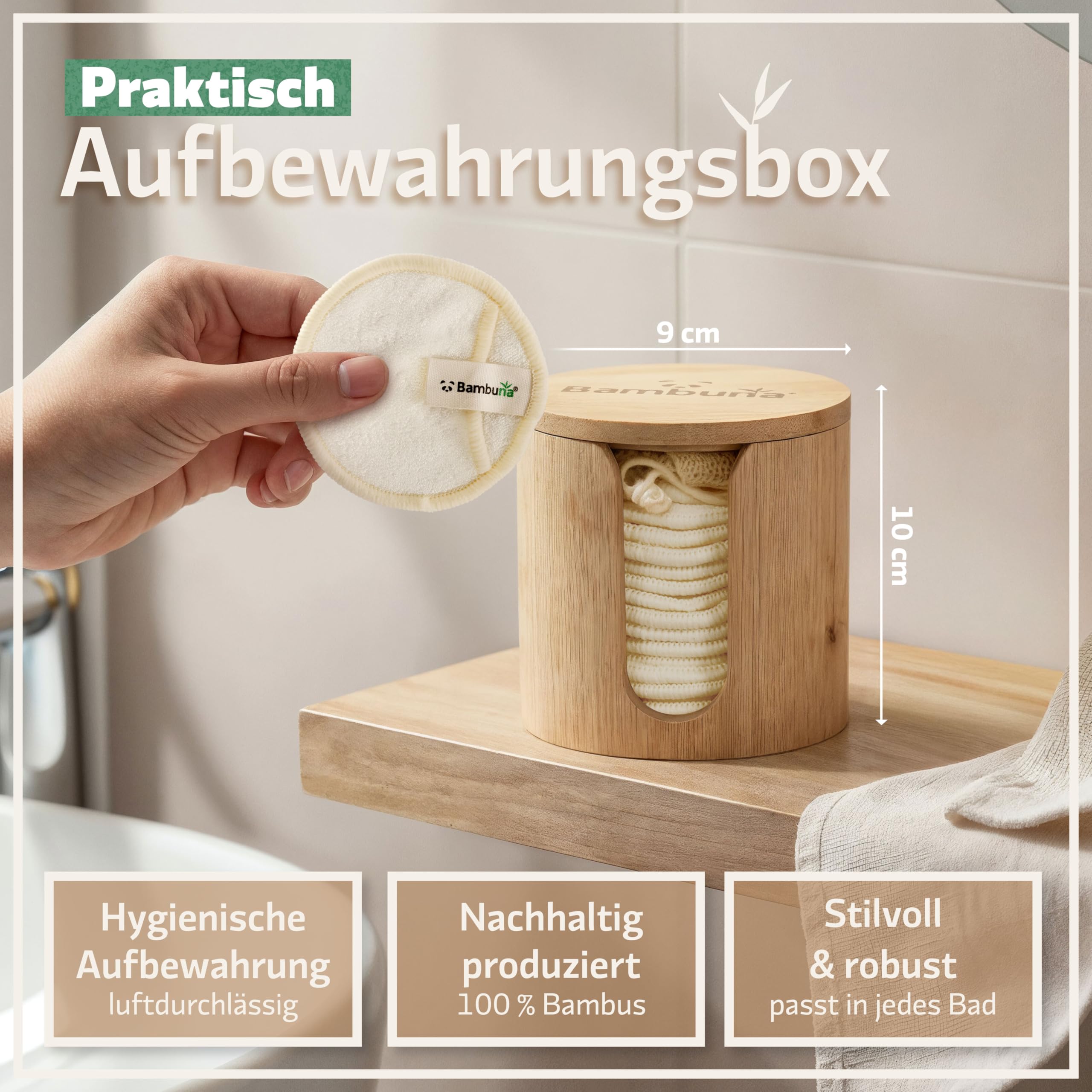 BAMBUNA wiederverwendbare Abschminkpads | 18 Stück Baumwollpads|waschbare Make-up-Pads mit Aufbewahrungsbox und Waschbeutel | Zero Waste Kosmetikpads für Gesicht und Augen | vegan und plastikfrei