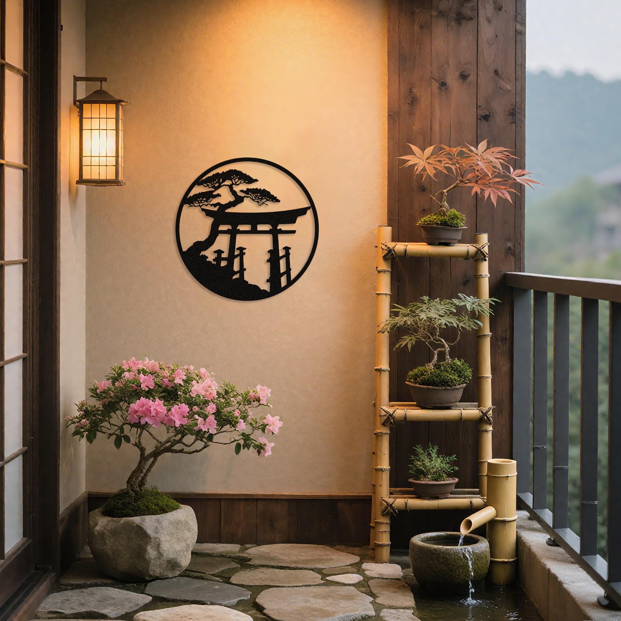 Metal Japanese Wall Art Torii Gate Wall Decor Japanese Torii Gate Decor Cherry Blossom Art Asian Shinto Landscape Decorations for Home Living Room Outdoor (Black, 18.5x18.5 inch/47x47 cm, Metal) — image 1