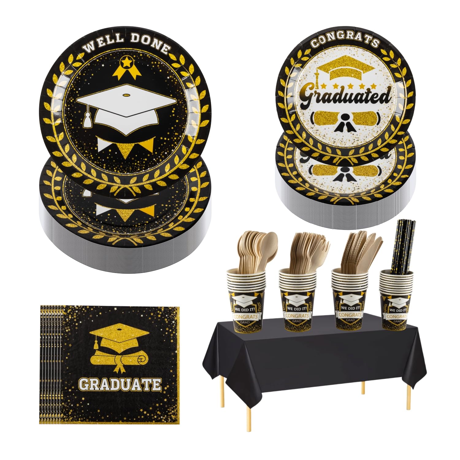 CEILIWEN 242PCS Graduation Tableware Set for 30 Guests | Black and Gold Graduate Party Plate, Cup, Napkin, Straw, Cutlery, Tablecloth | Congrats Dinnerware for Graduation Party Decor (Black&Gold Set)