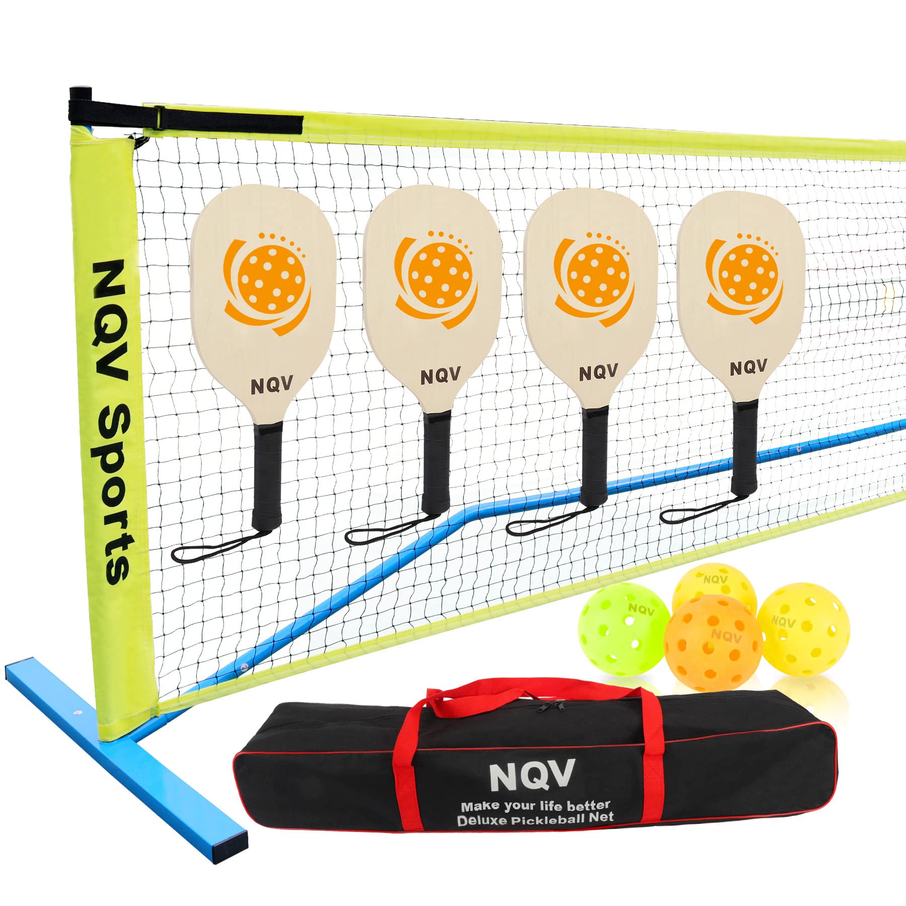 NQV Pickleball Set with Net,Pickleball Set with 4 Wood Paddles and Net,Pickleball Nets Portable Outdoor Regulation Size with Posts
