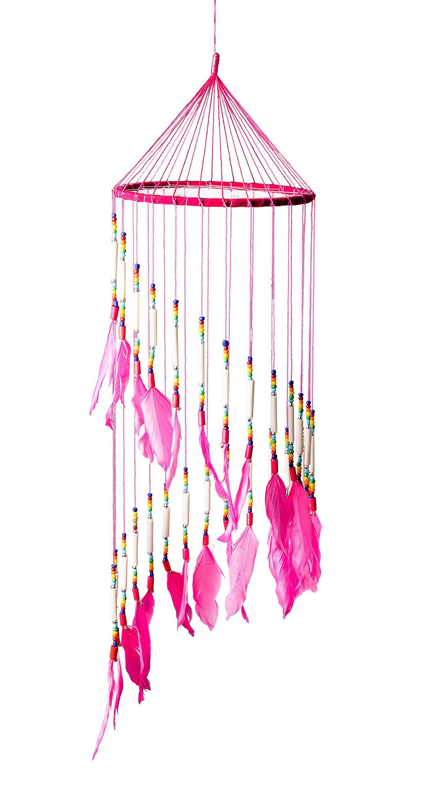 OMA Dream Catcher Bright Pink Feather Dreamcatcher with Real Bone Beads Delicate Spiral Traditional Design Hand Crafted - 28