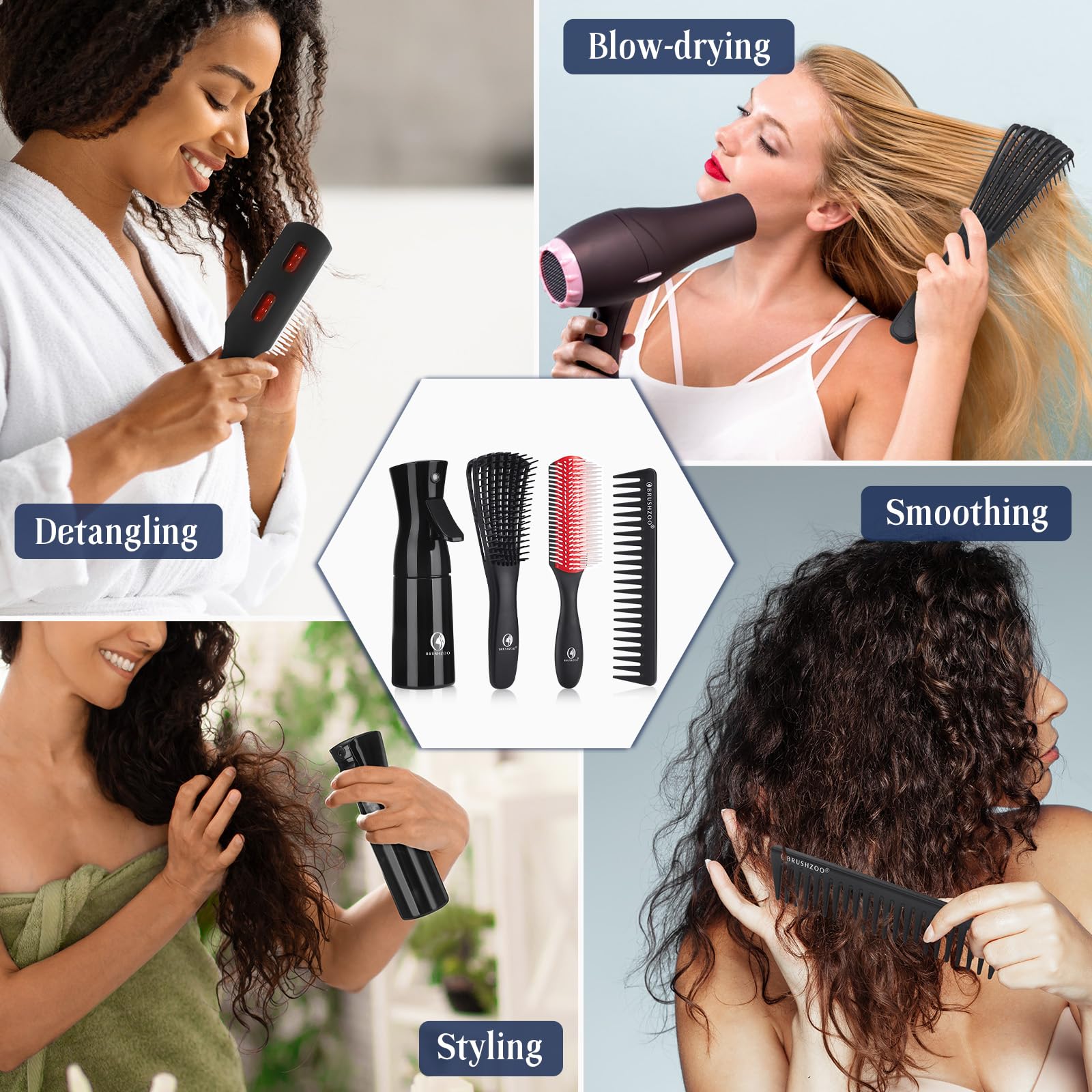 Juego de cepillos para el cabello, cepillo desenredante para cabello rizado natural de 3/4 abc, cepillos de pelo para mujeres, hombres y niños, con cepillo para desenredar, cepillo de 9