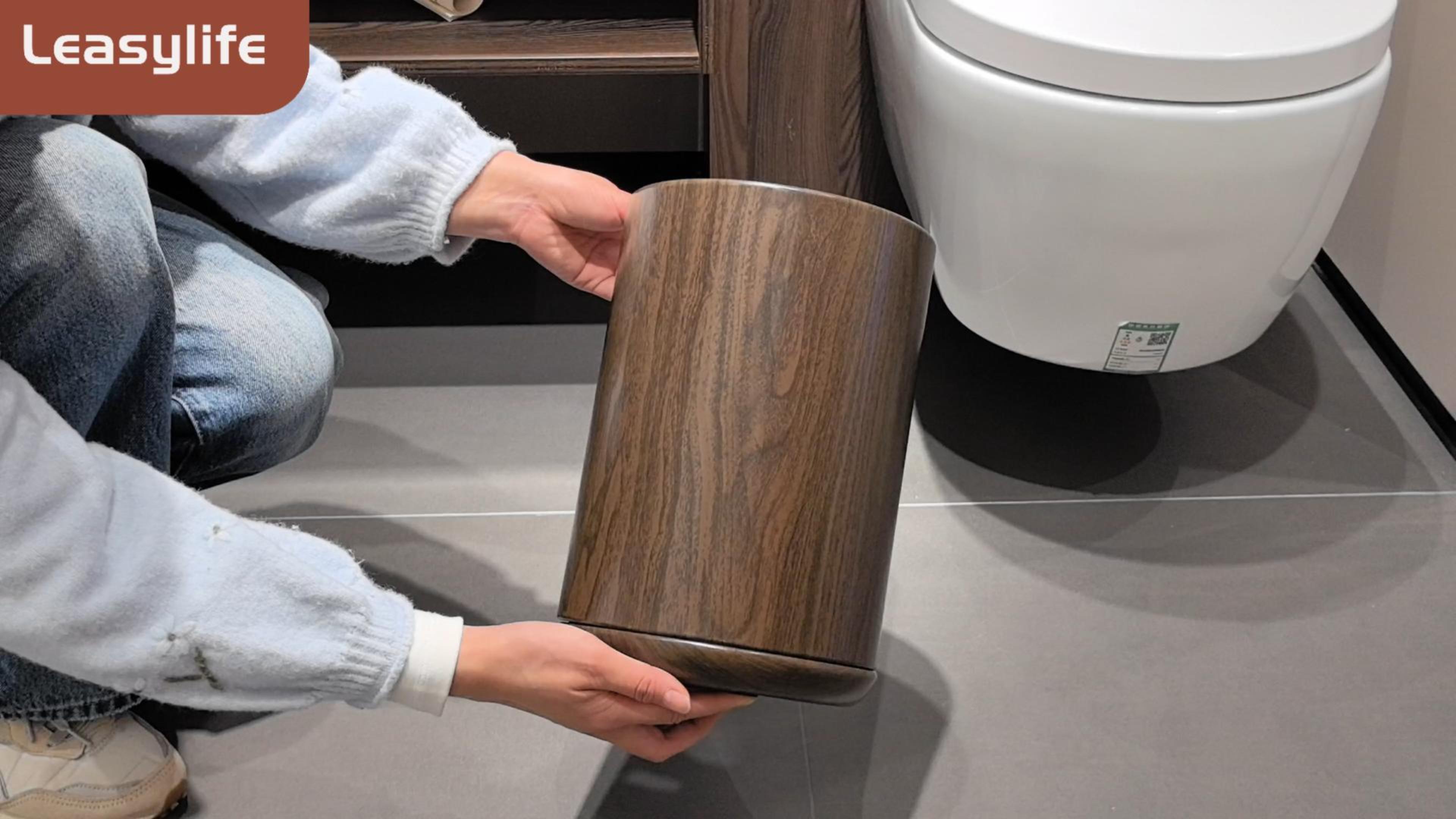 Image of 8L /2.1GAL Dark Brown Modern Metal Waste Bin with Realistic Wood Texture,Built-in Bag Holder,Office Trash Can,Open-Top Trash Bin,for Bathroom,Home,Office,Living Room (2.1gal Round)