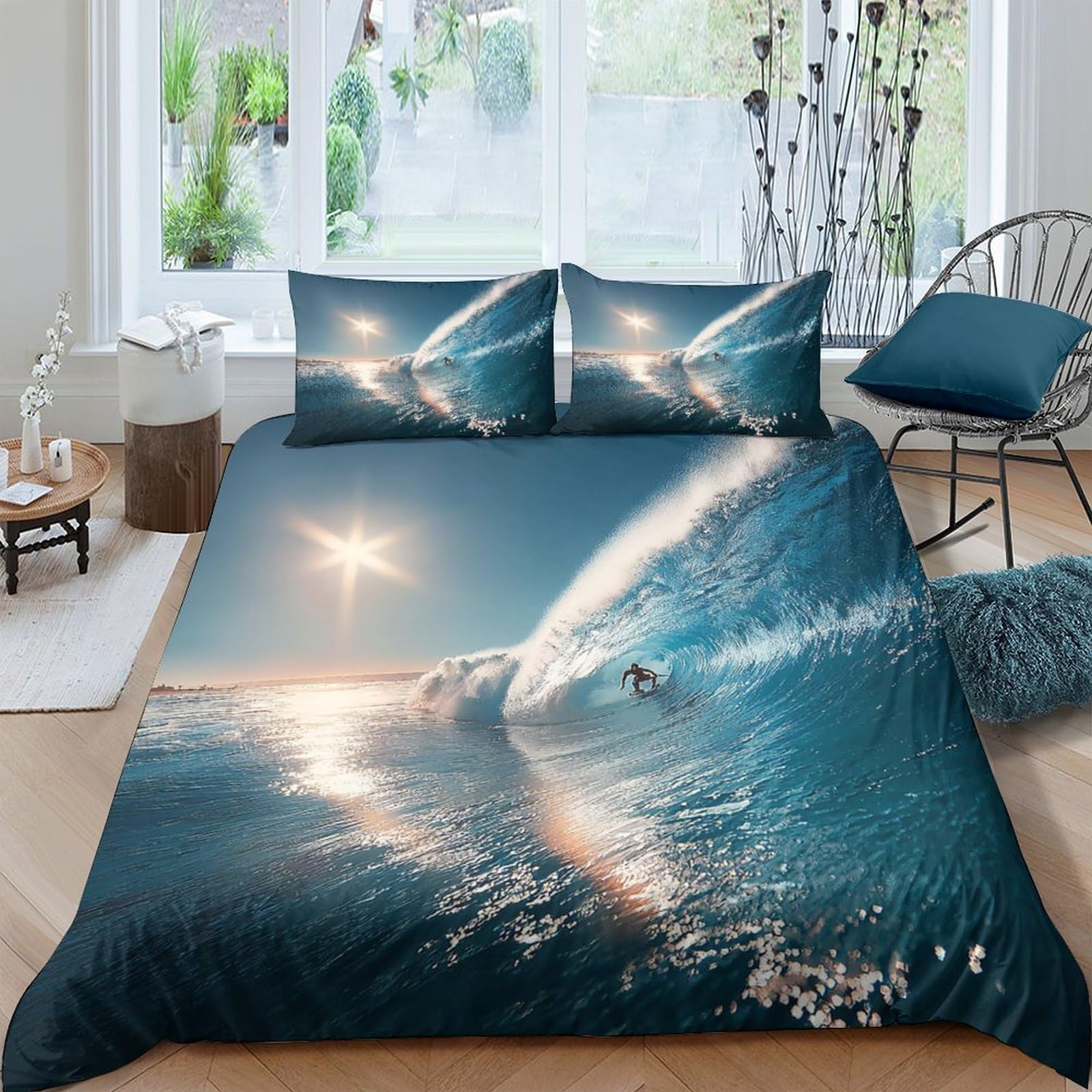 Ctjqhvkz Style-5 3D Printed Ocean Wave Fitted Sheet Microfiber Soft Blue Sunrise Bed Cover For Bedroom Dorm Mattress Decor Single（135X200cm）