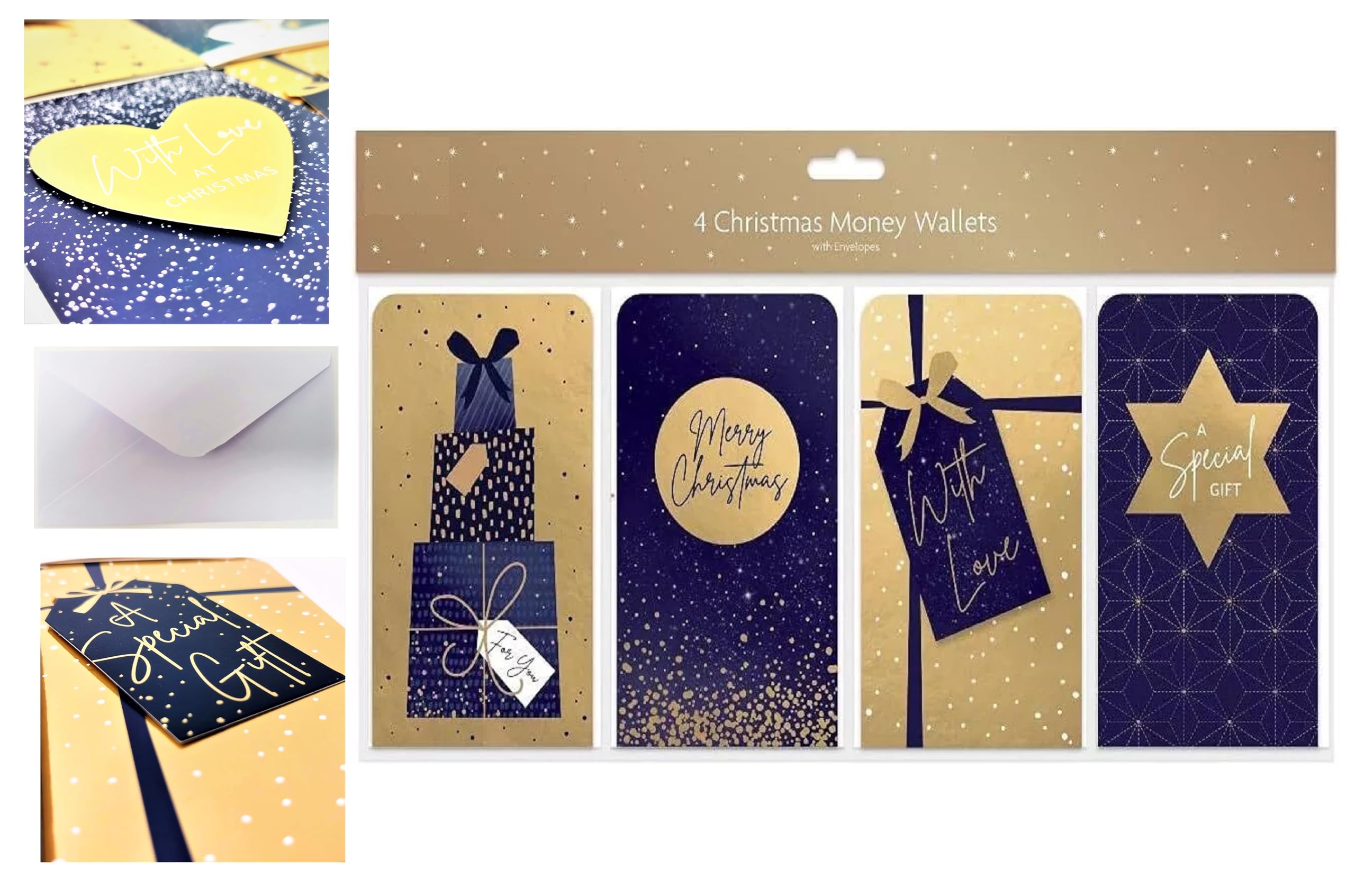 4 sobres de Navidad surtidos para dinero, tarjetas de regalo, vales, monedero, color dorado