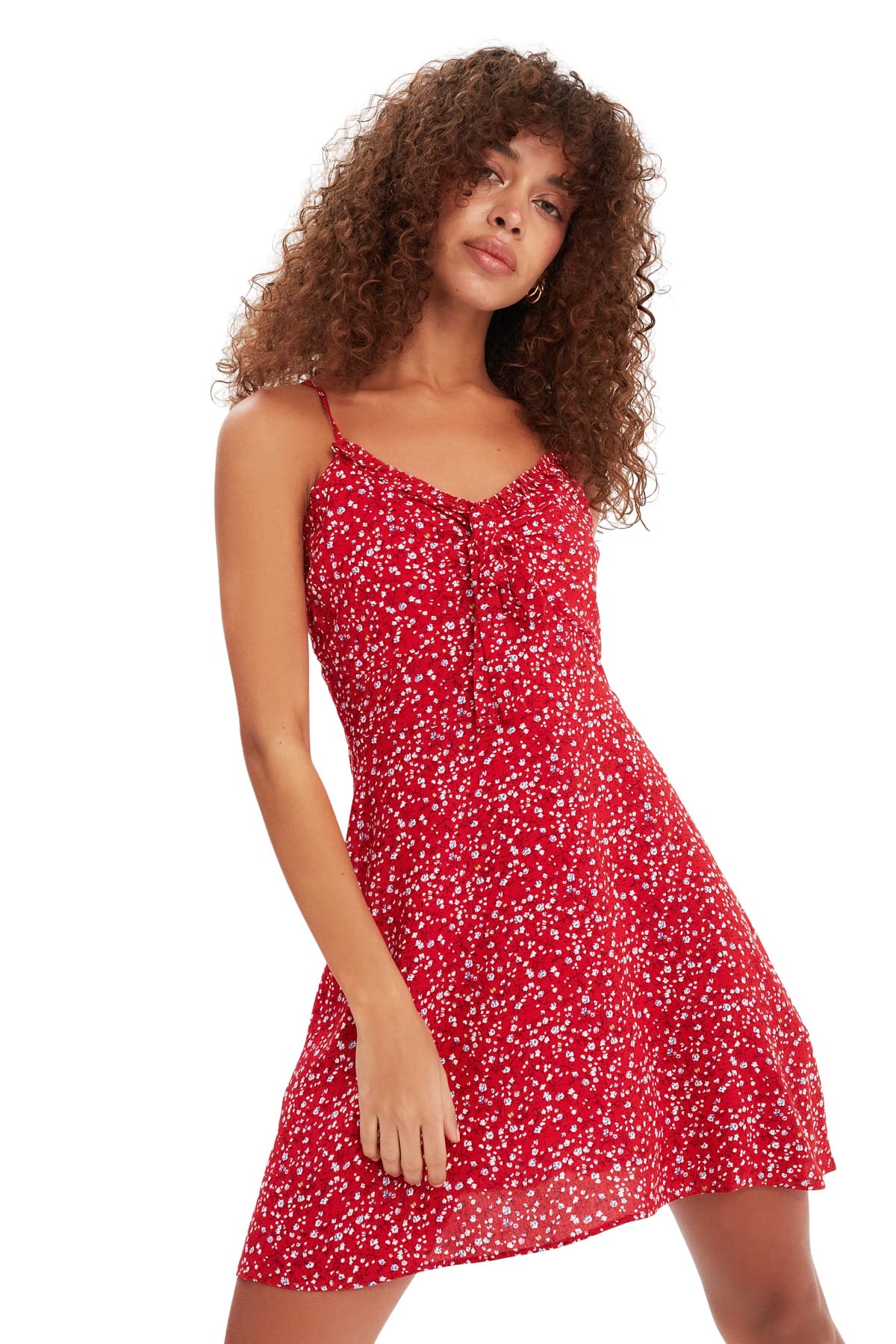 Trendyol Collection Damen Rot Es A-Linien-Mini-Webkleid Mit Bindedetail Und Blumendruck Für - Größe 40