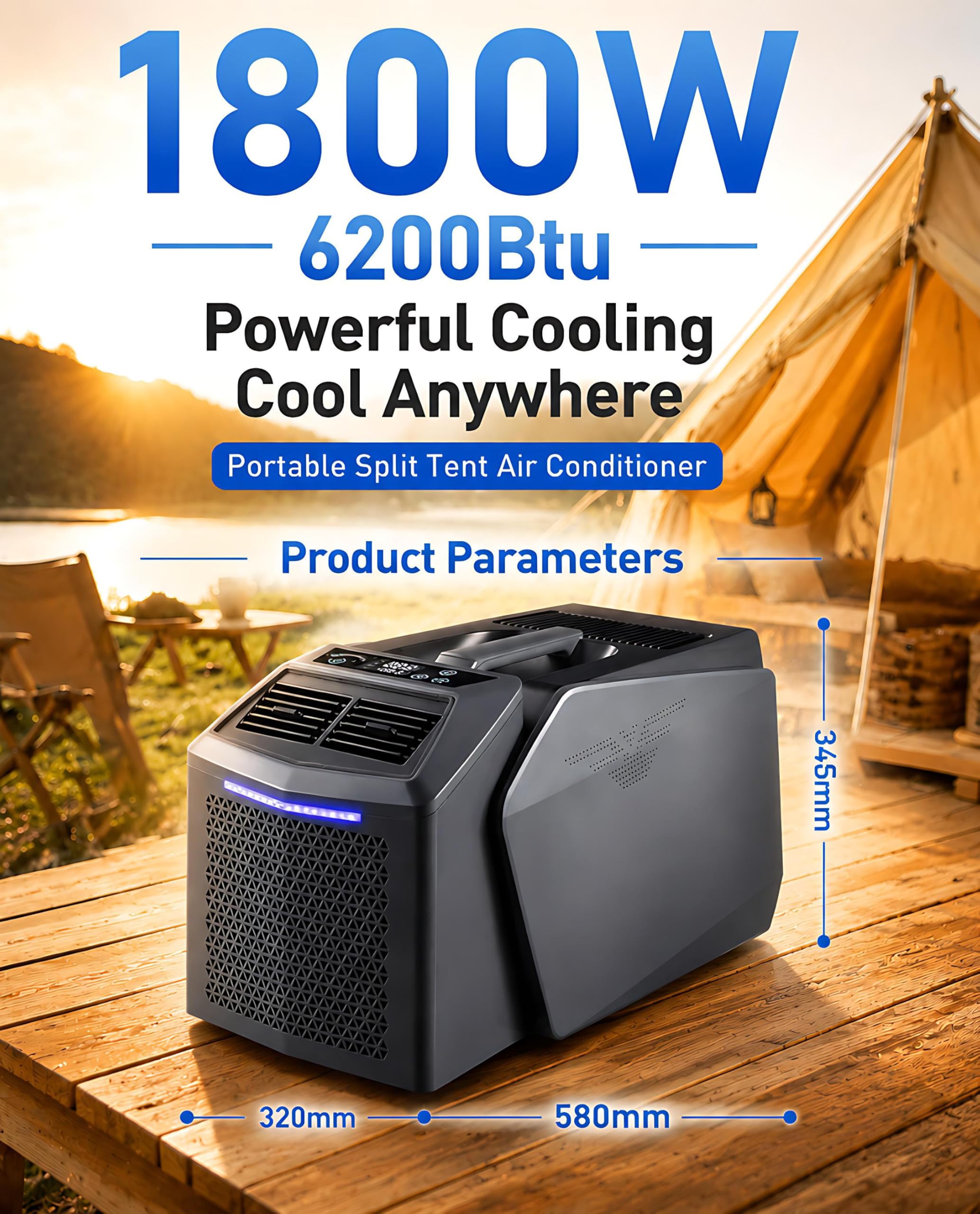 Przenośny klimatyzator 6200 BTU, 550 W, 3-drożny 48 V DC/110 V/220 V AC, cichy split design 4 w 1 z wentylatorem chłodzącym i funkcją zabezpieczającą przed odpływem do namiotu, kampera, vana