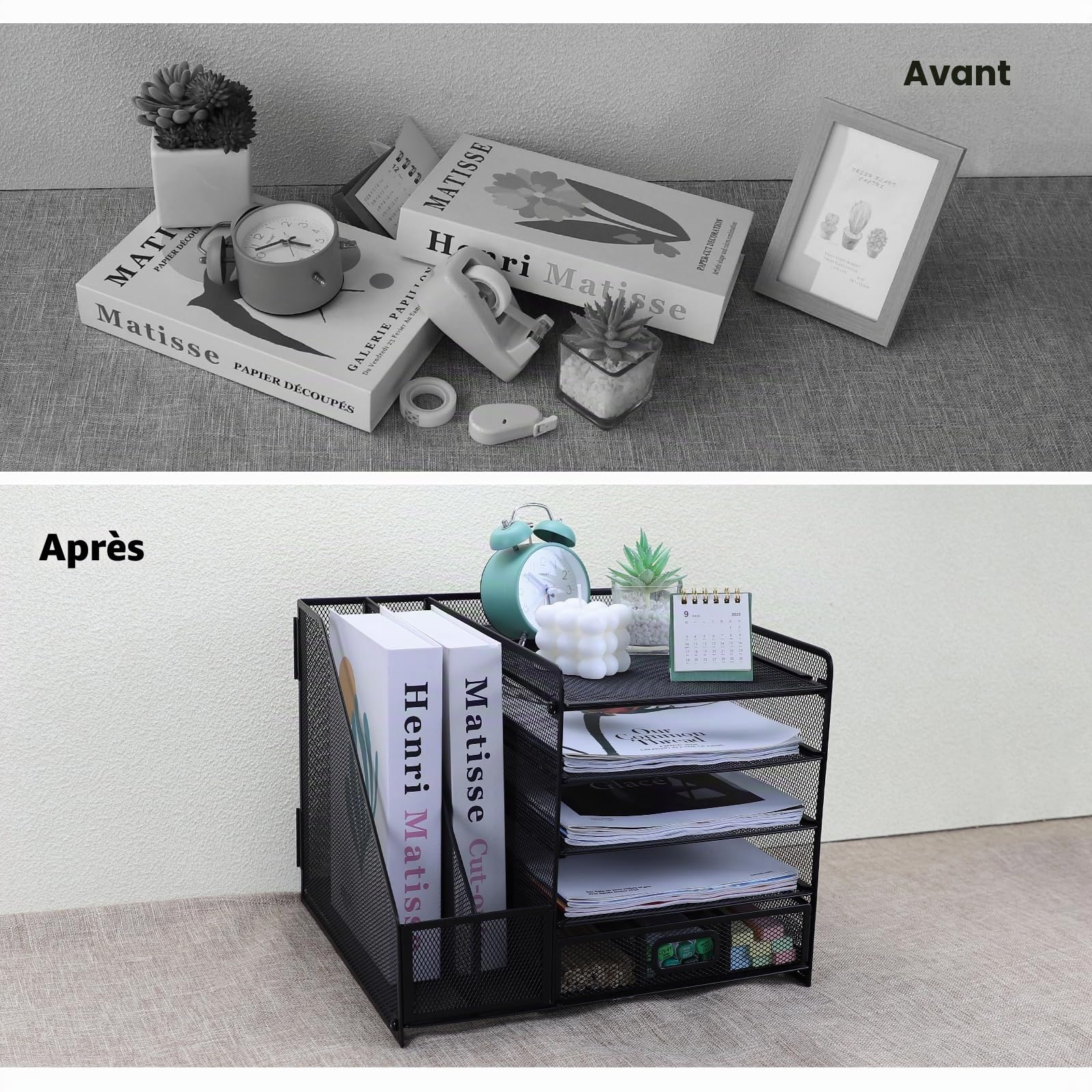 Organiseur de Bureau, 5 Niveaux Porte Documents Bac à Courrier, Compartiments de Rangement avec Tiroir 2 Porte Stylos, en Maille avec Porte Magazine de Bureau