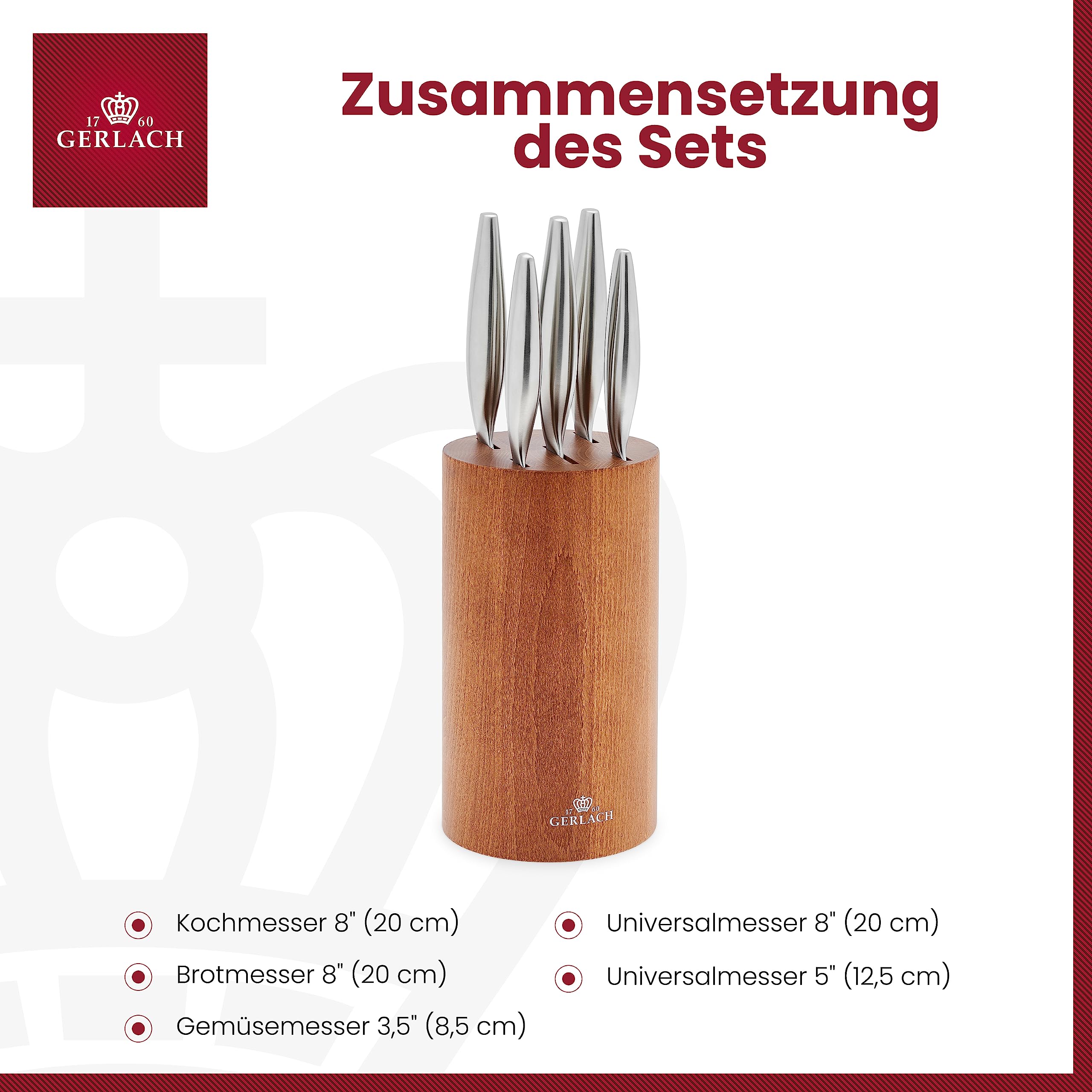 Gerlach Fine Messerblock Messerset Küchenmesserset 5 Messer Aus Edelstahl Küchenmesser im Buchenholz-Block Kochmesser Brotmesser Gemüsemesser Küche Küchenutensilien Küchenzubehör