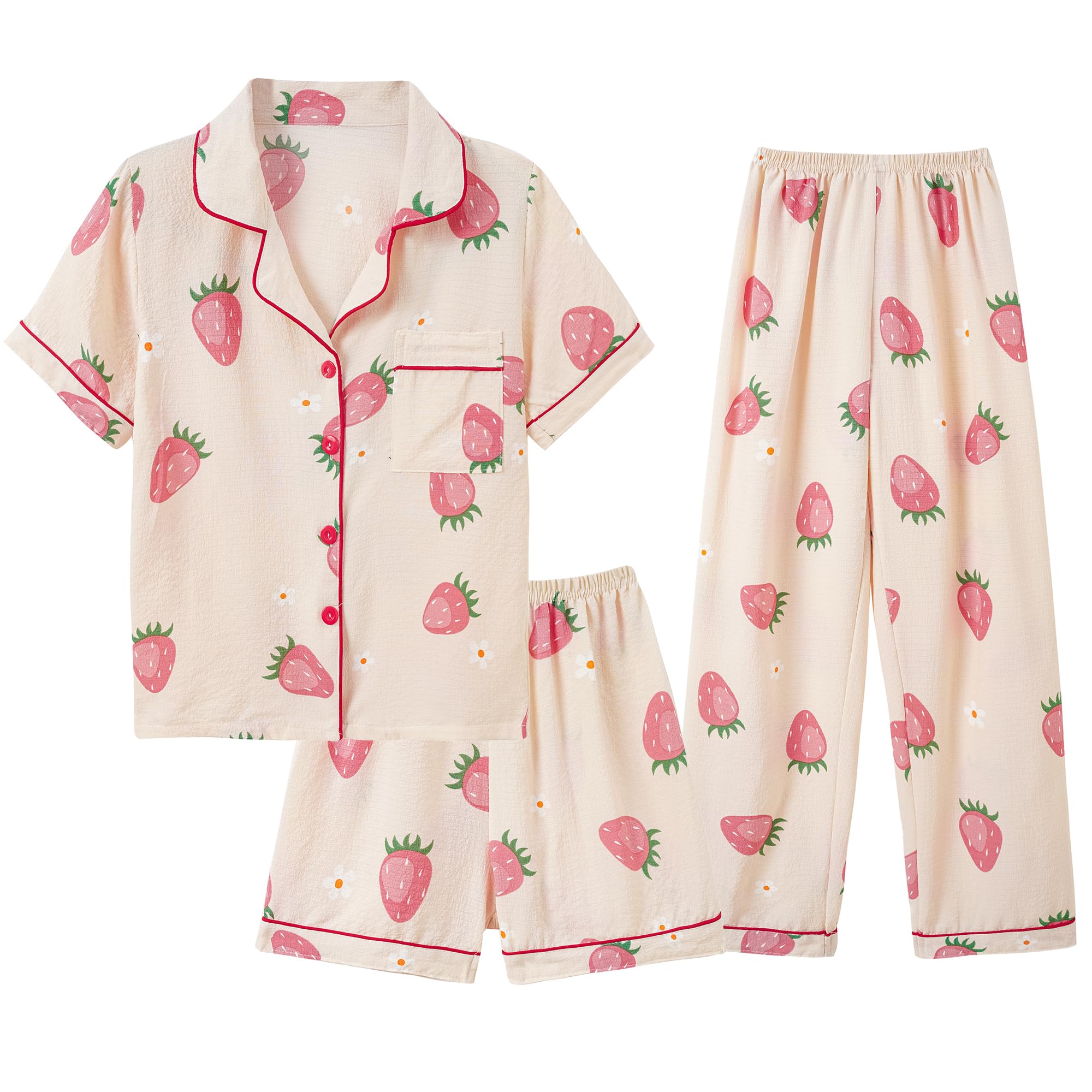Hupohoi Big Girls Button Down Pajama Set 3pcs Crepe Fabric Sleepwear Nighty