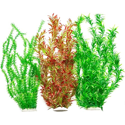 3PCS Artificial Aquarium Plants Set Extra Large - Big Natural Looking Plastic Decoration for Fish, Axolotl and Turtle Tanks – Tall Realistic Tank, Swamp and Pond Fake Plant Decorations.