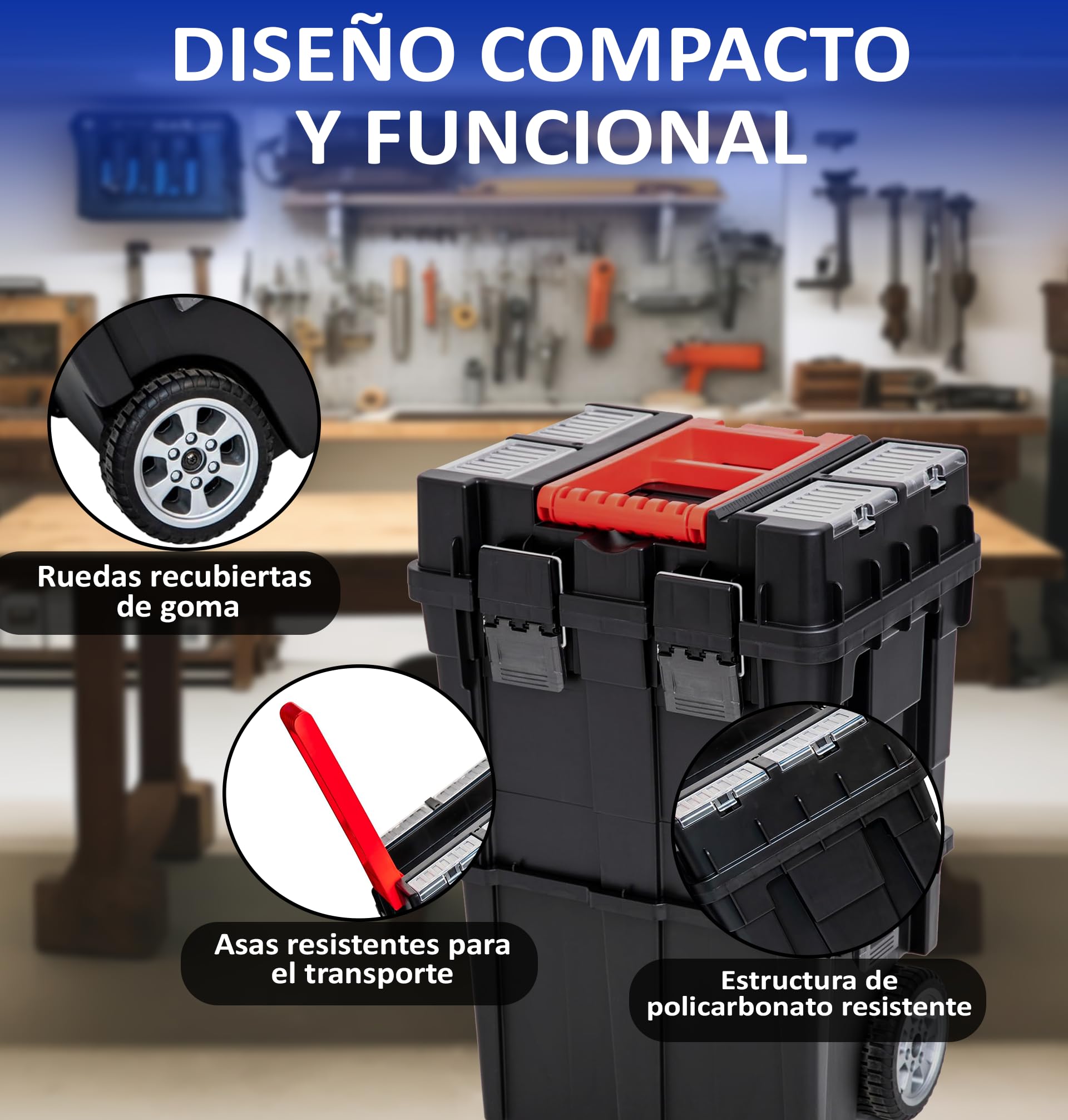Caja Herramientas Vacía Con Ruedas | Cuatro Organizadores | Diseño Compacto Y Desmontable | Fabricada En Policarbonato | Resistente a Golpes Y Desgaste | Bandeja Incorporada | Medidas 64 x 35 x 45 cm
