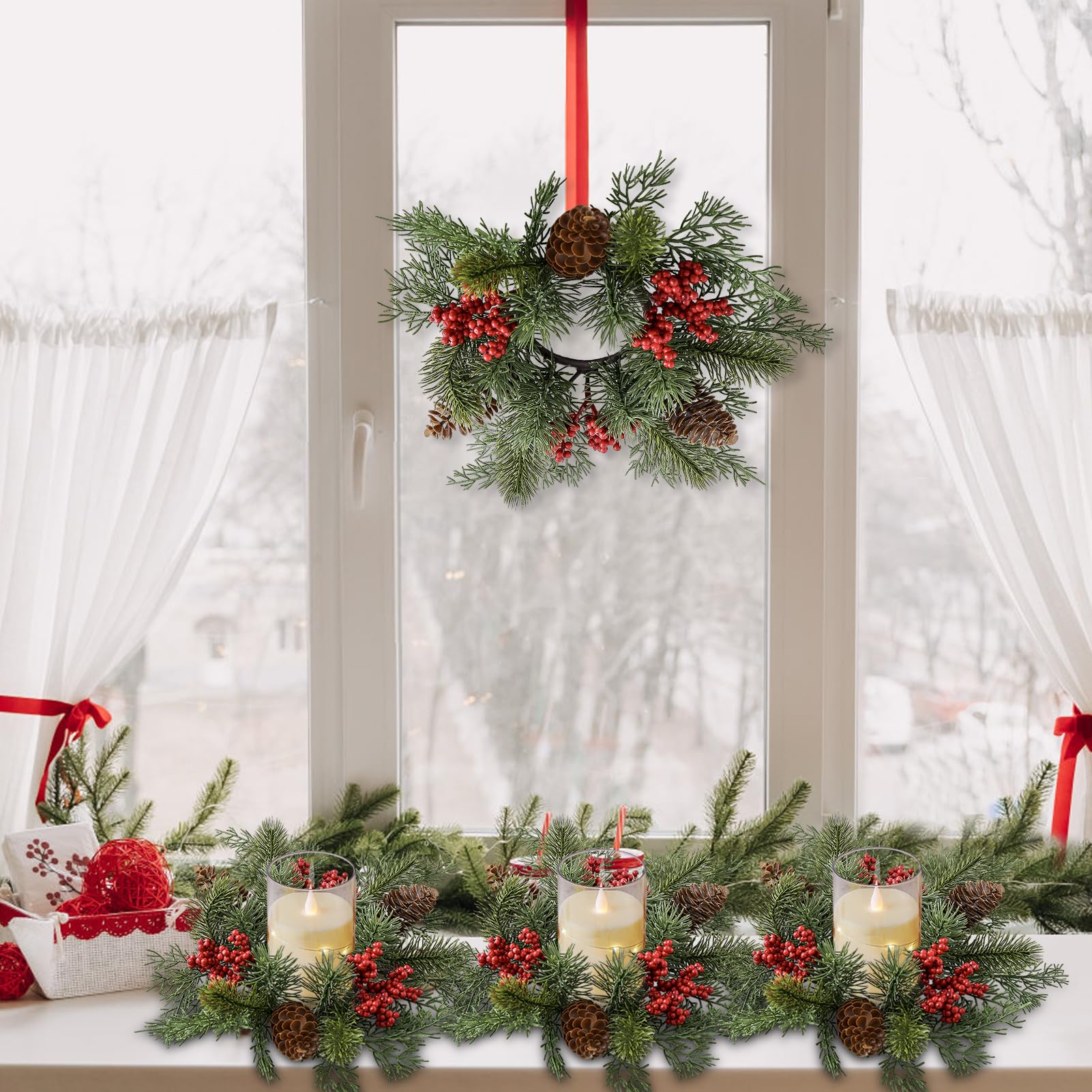 KAHEIGN Weihnachtskerzenringe – 8 Stück, 20 Cm, Mit Roten Beeren & Tannennadeln, Kunstschnee