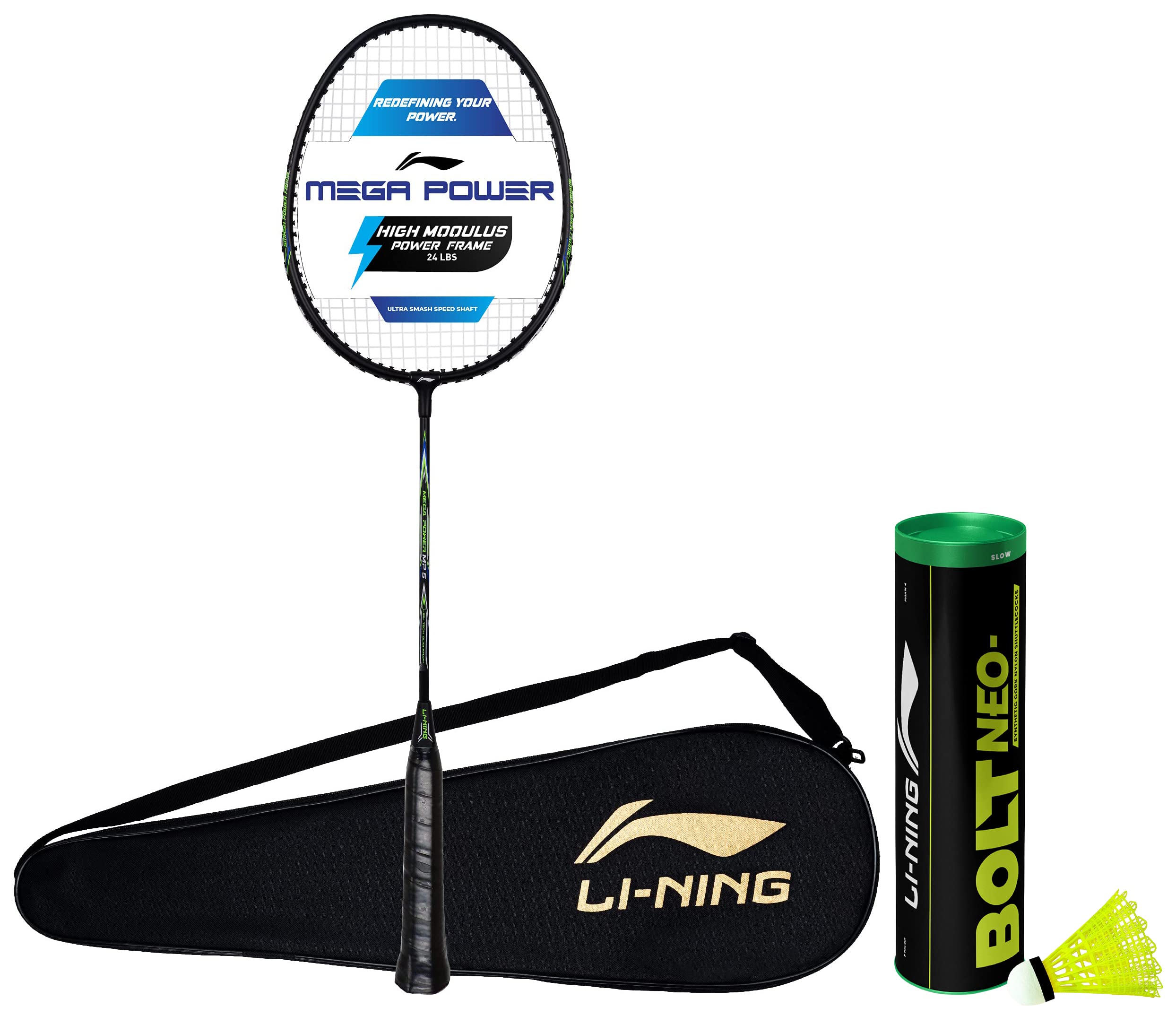 Li-Ning Aluminum Badminton Racket Mega Power 5, Black/Green & Li-Ning Bolt Neo (6 in 1) Nylon Badminton Shuttlecocks (Yellow) (B0BB6N7HRT) Amazon Price History, Amazon Price Tracker