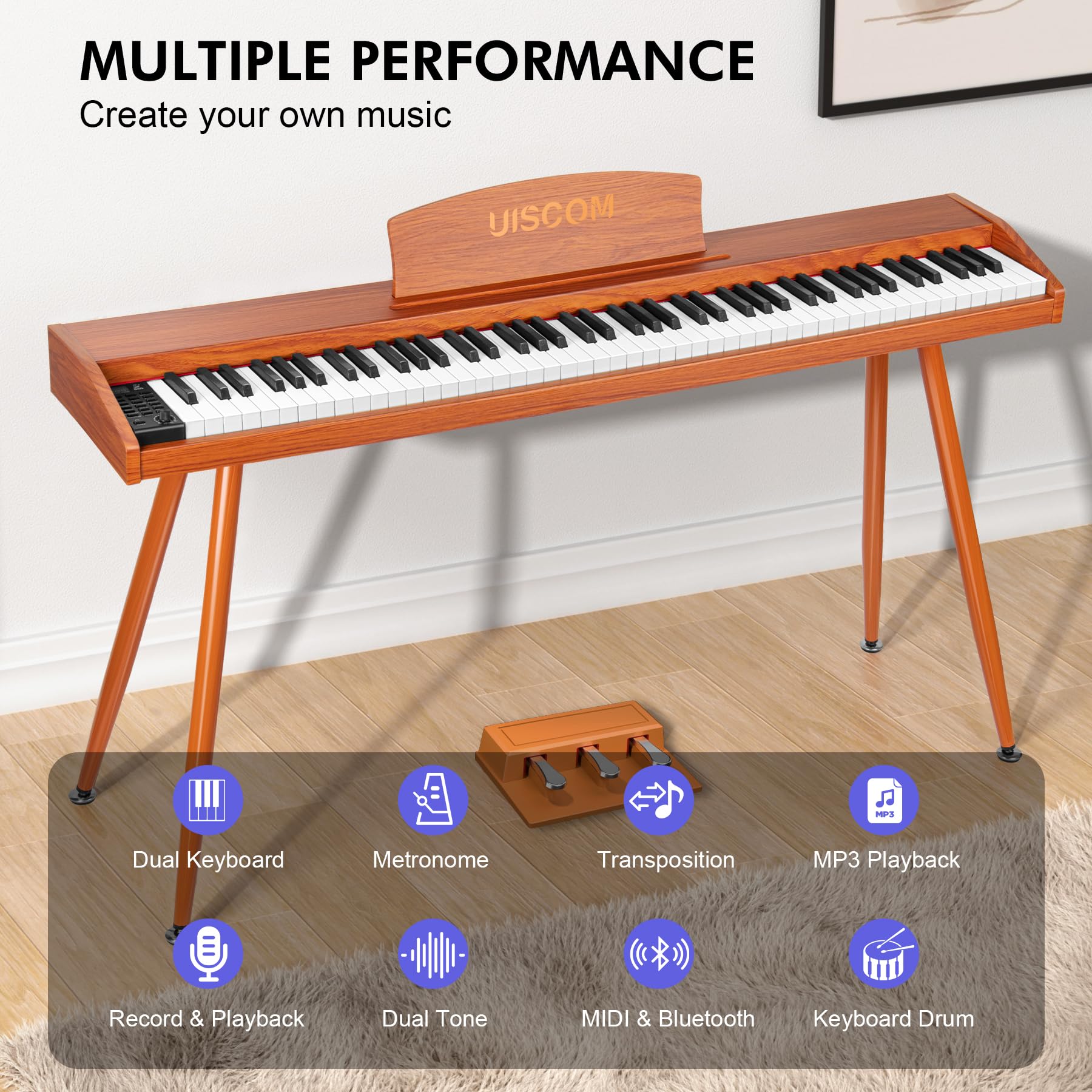 UISCOM - Teclado digital para piano de 88 teclas semiponderado para principiantes, piano eléctrico de tamaño completo con soporte, pedal triple, adaptador, soporte de partitura, auriculares,
