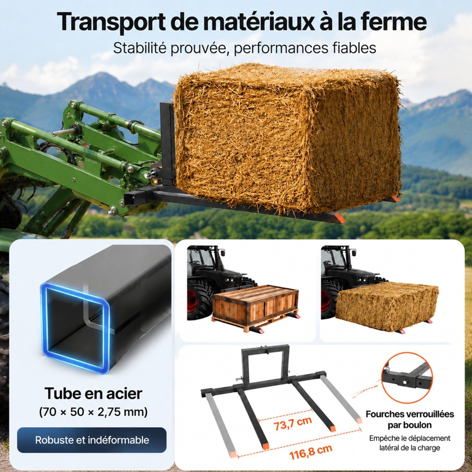 Fourches à palettes pour tracteur, attelage 3 points, capacité 680 kg, largeur réglable, fixation rapide, usage agricole