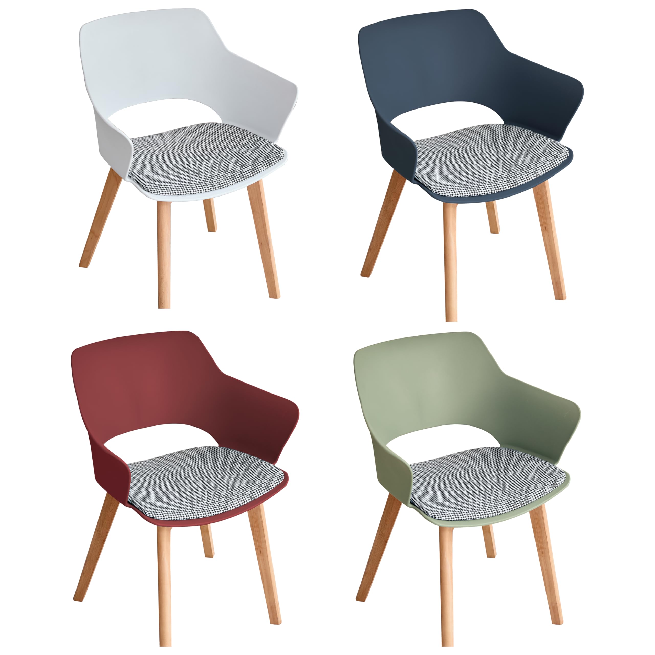 Set di 4 Sedie da Pranzo Scandinave, Sedia da Pranzo in Stile Nordico con Braccioli, Gambe in Faggio, Sedia da Cucina Imbottita in Plaid di Lino - Bianco+Rosso+Verde Chiaro+Blu
