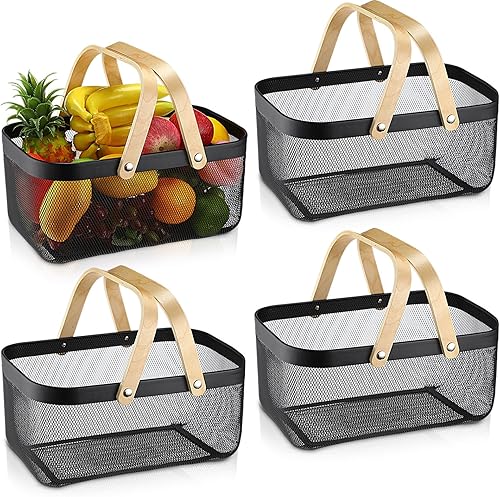Miniatura 7 de Sadnyy 4 cestas de almacenamiento de alambre de metal con asa, cesta de cosecha de jardín, cesta duradera de frutas y verduras para organizar,