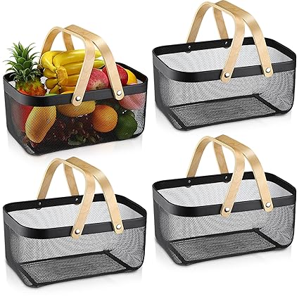 Sadnyy 4 Pcs Portable Mesh Storage Basket with Handle Metal Wire Garden Harvest Basket Durable Garden Baskets for Gathering Vegetables Fruit Basket Bin for Kitchen, Garden, Picnic, Cabinet, Black