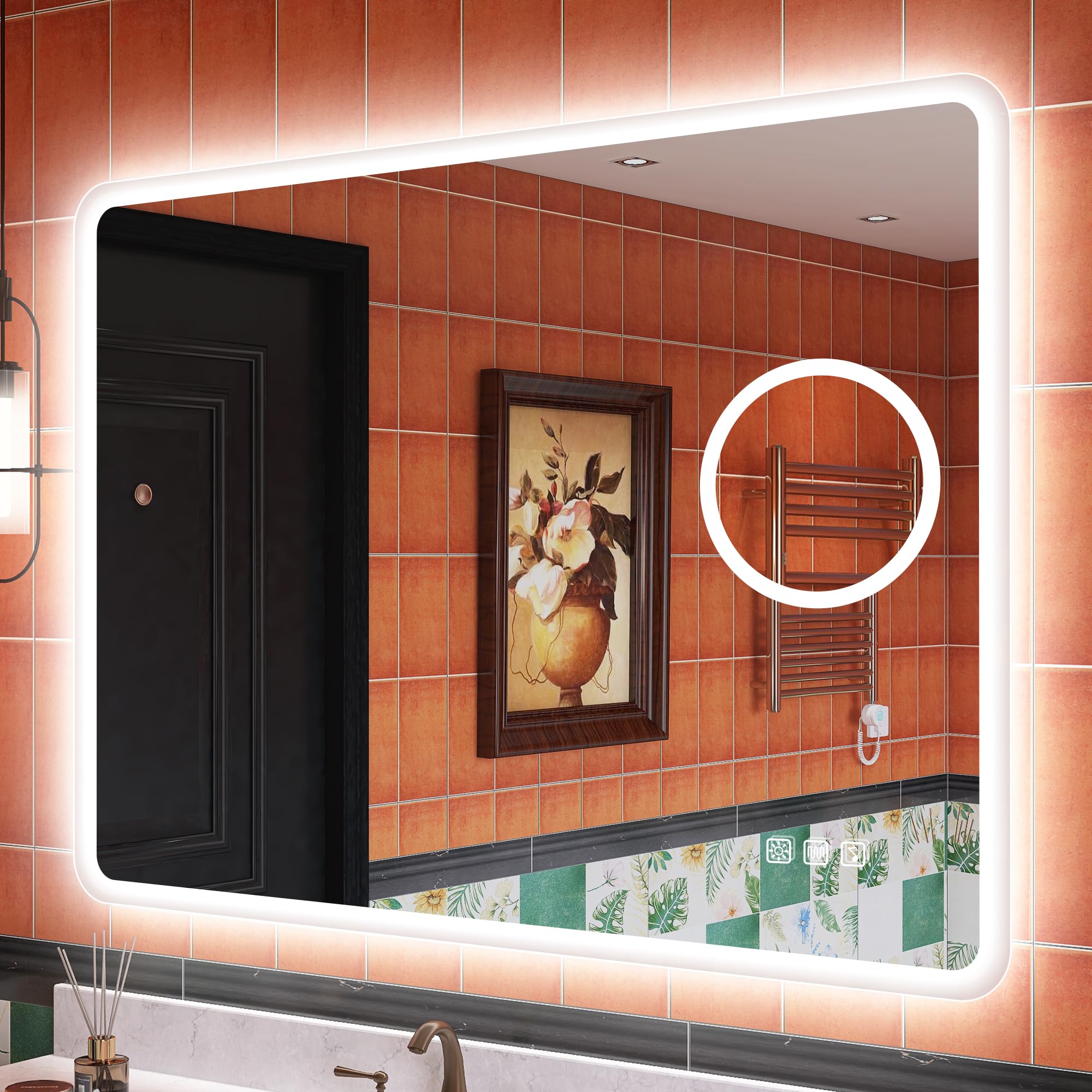 S'bagno Bluetooth-Espejos-Baño-con-Luz-Led 1000x700mm, IP44 Espejos de Baño con Led con Lupa 5X, Función Antivaho/ 3 Colores de Luz/Regulable/Vertical u Horizontal, Espejo Baño Led con Memoria