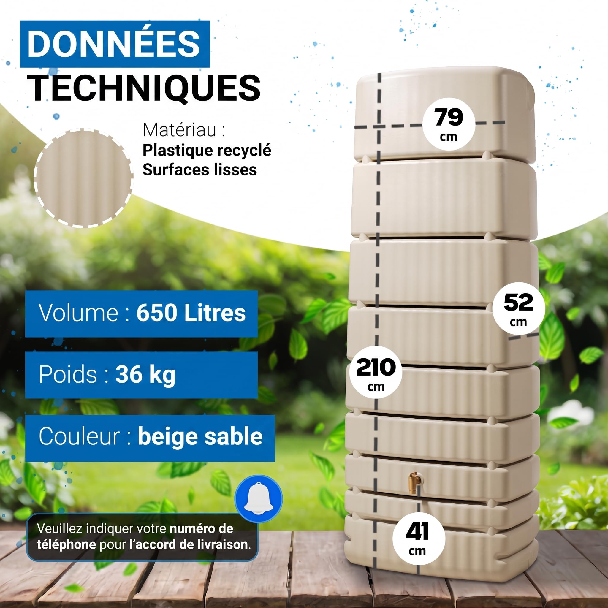 4rain Slim Récupérateur d’Eau de Pluie 650L Sable – Cuve Murale Robuste et élégante – Réservoir d’Eau de Pluie + Robinet PE Imitation Laiton – Solution Pratique et Durable de récupération