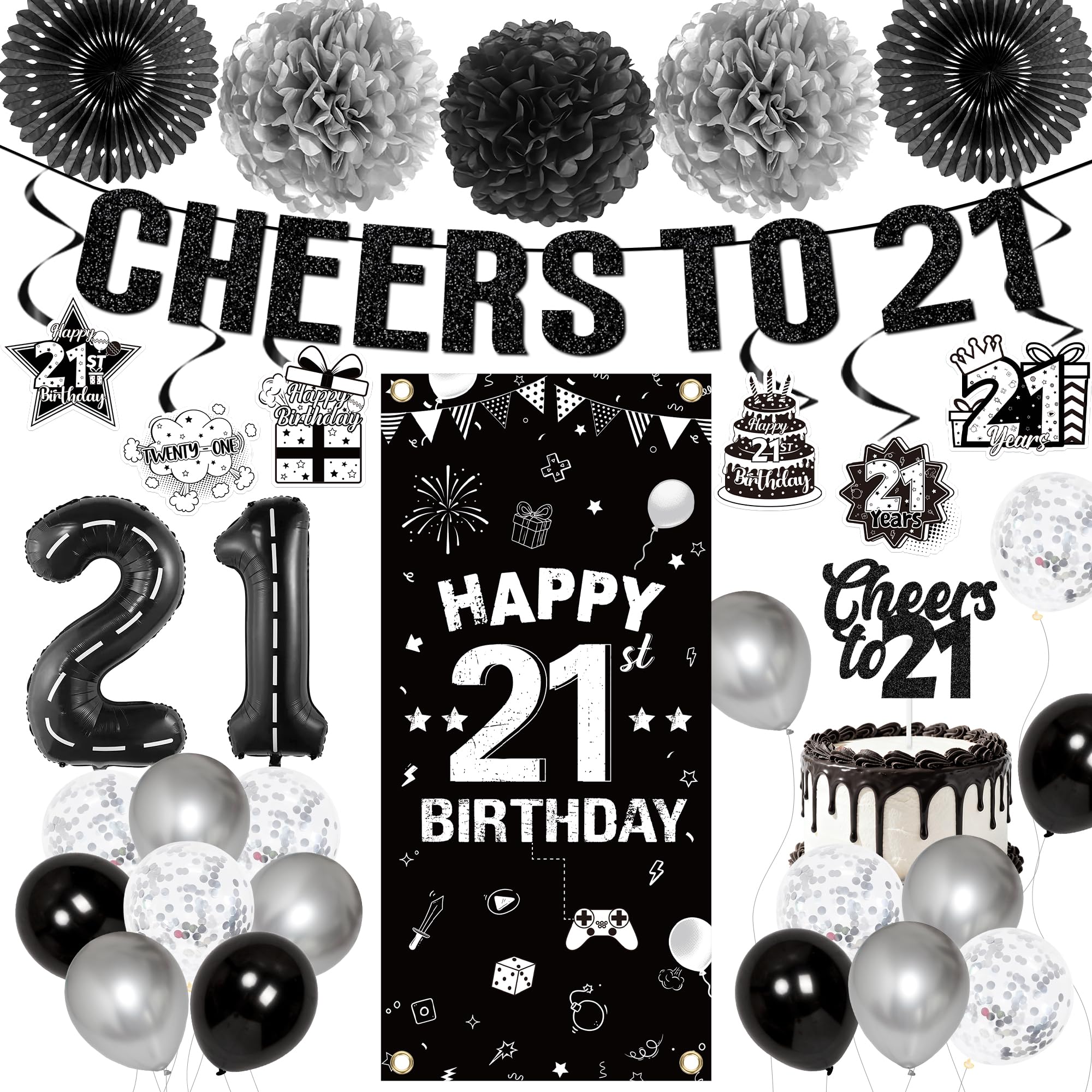 21st Birthday Decorations for Boys - Black Cheers to 21 Years Old Bday Door Sign Backdrop Banners and Hanging Swirls Balloons Cake Topper Paper Fans Set for Boys Son Brother Birthday Party Supplies