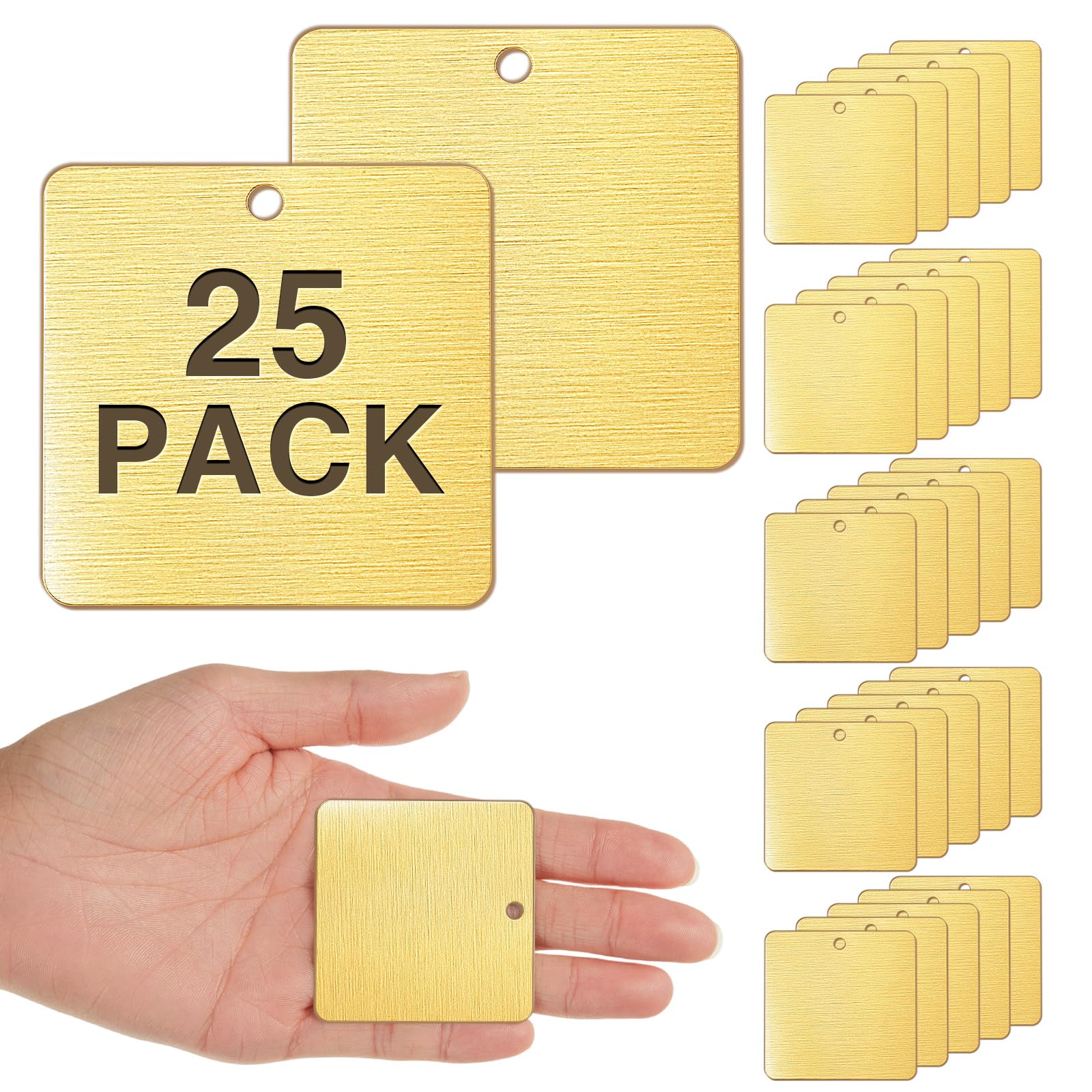 Otoolling 25 Pack Solid Square Brass Tags 1-1/2" x 1-1/2", Blank Brass Stamping Blanks with Hole, Industrial Identification Tags for Valves & Equipment, Engravable Metal for DIY & Custom Marking